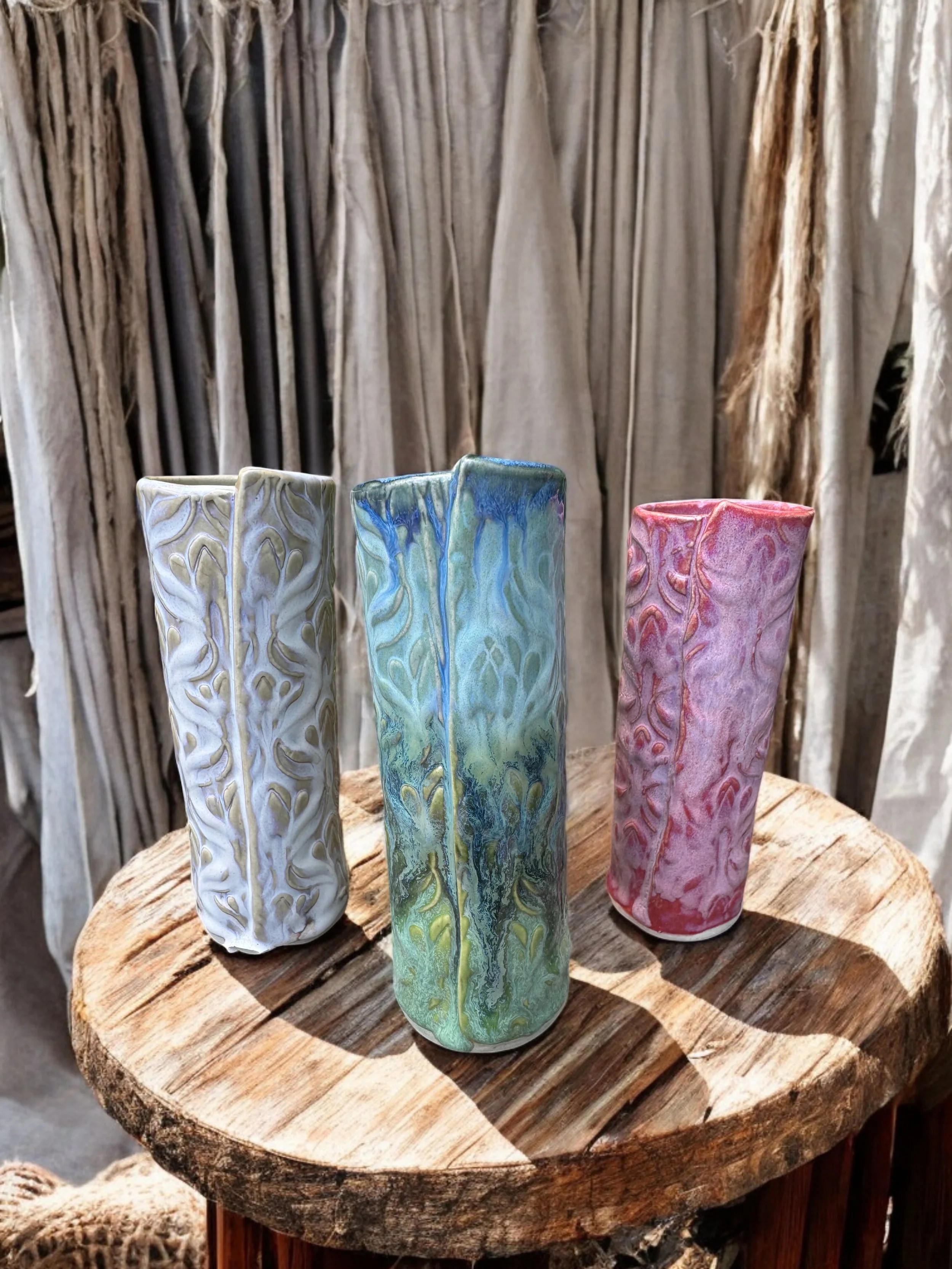 Textured ceramic stem vases
