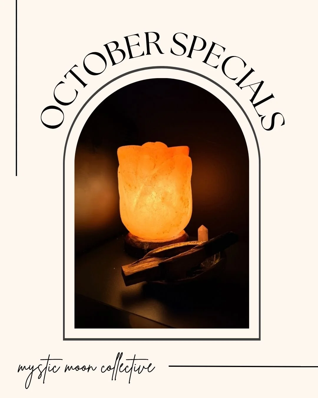 A glowing salt lamp with wooden objects and a small crystal beside it, set against a dark background.