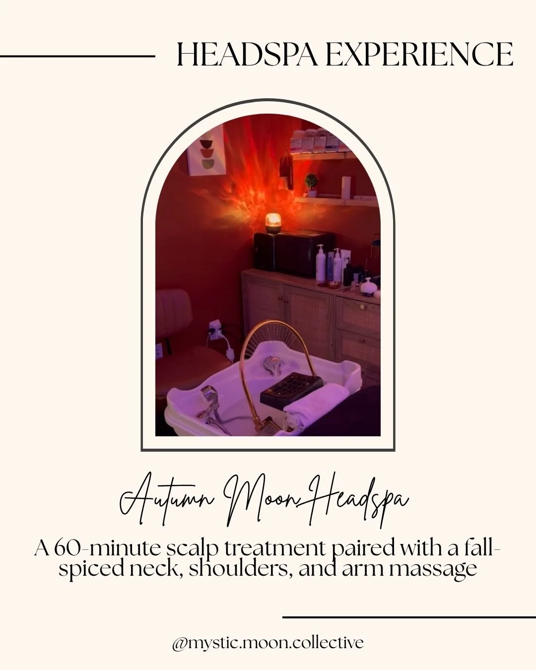A promotional flyer for Headspa Experience featuring a spa room with a tub, scalp treatment tools, and warm lighting with a red glow.