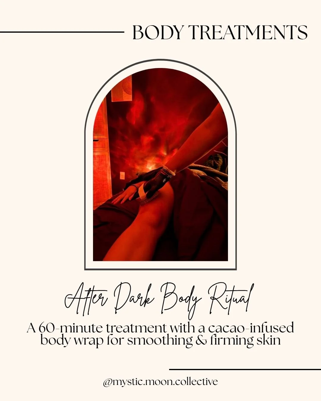 A promotional flyer for a body treatment called "After Dark Body Ritual" featuring an image of a person receiving a cacao-infused body wrap, with a fiery red background and a person lying down.