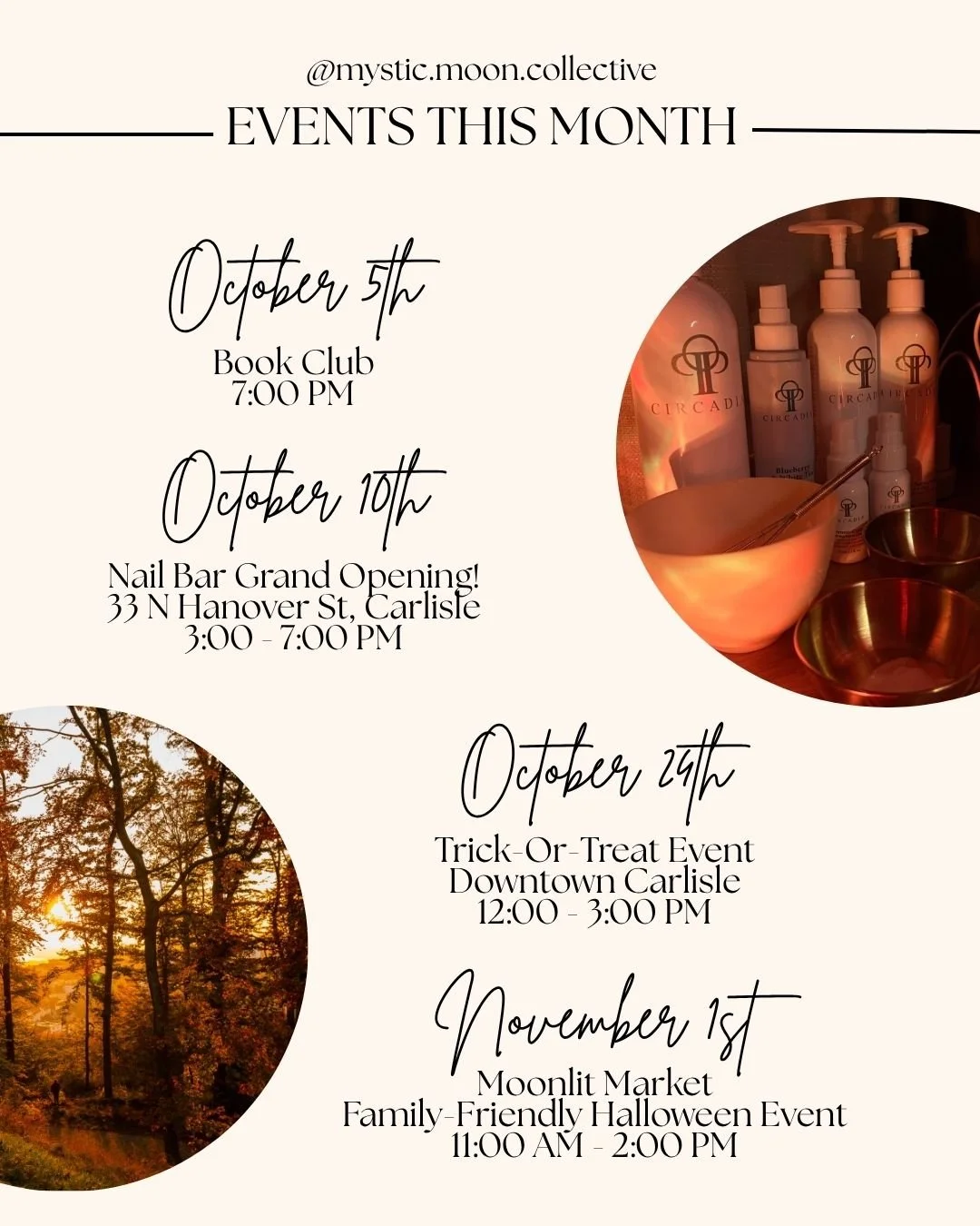 Event schedule for October, November, with images of skincare products, sunset trees, and text about upcoming community events.