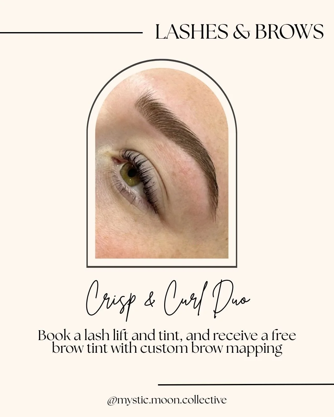 Advertisement for lash and brow services featuring a close-up of a woman's well-groomed eyebrow and eye. The text promotes a lash lift and tint, with a free brow tint and custom brow mapping offer.