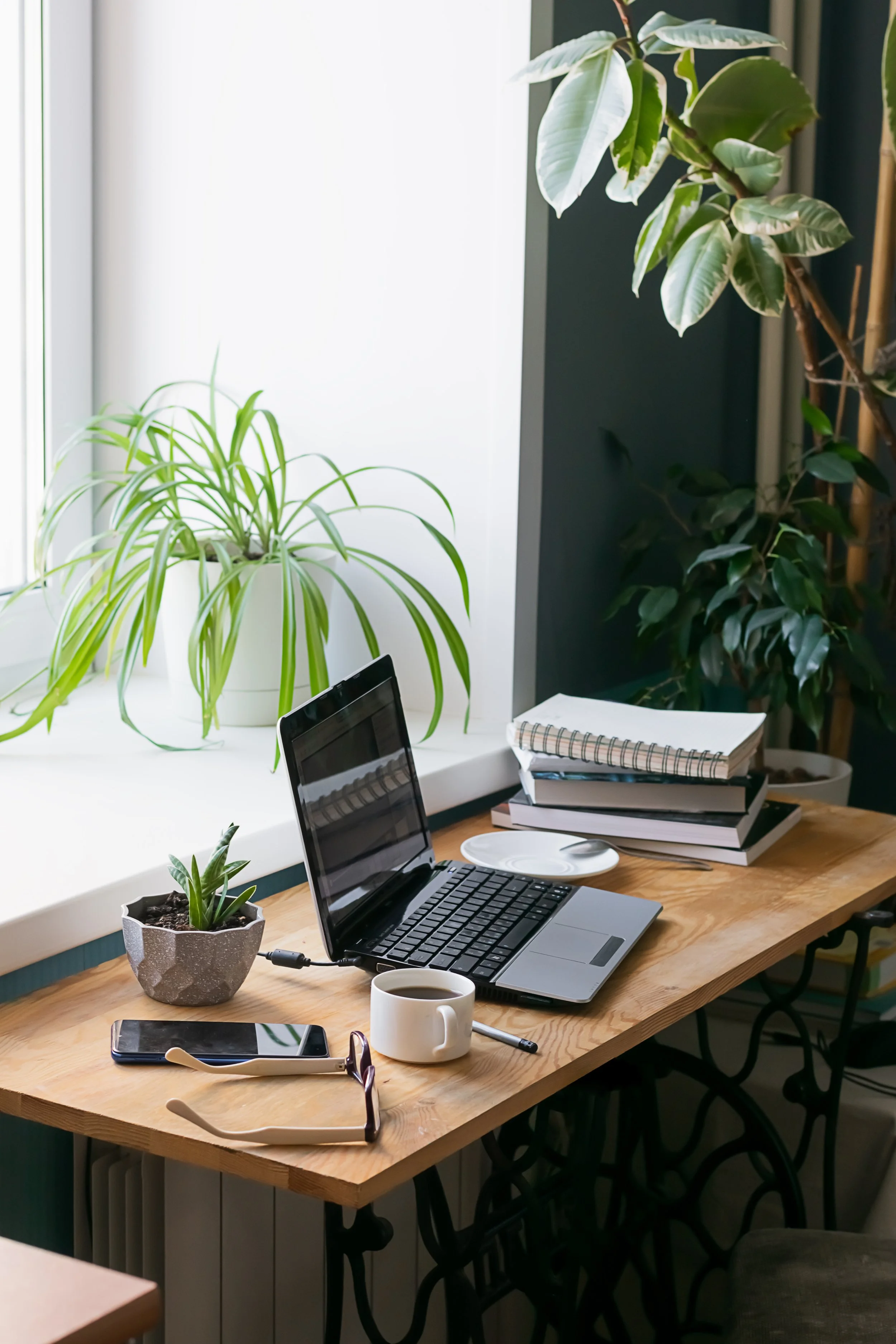 A cluttered wooden desk near a window with houseplants, a laptop, a smartphone, glasses, a mug, a plate, and a stack of notebooks.