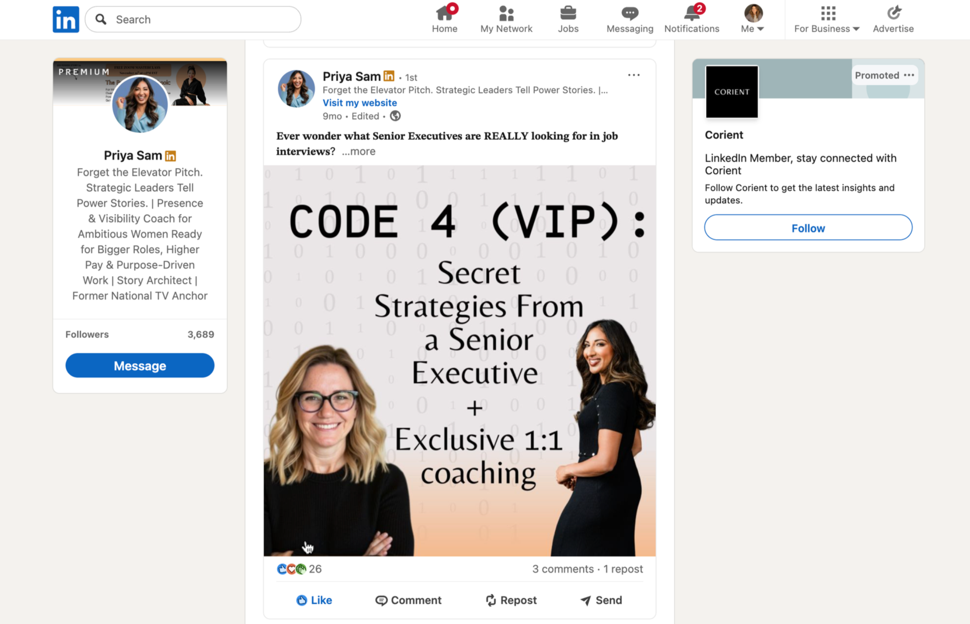 Digital advertisement for VIP coaching programs featuring two smiling women, with text highlighting secret strategies from a senior executive and exclusive 1:1 coaching, set against a background of binary code.