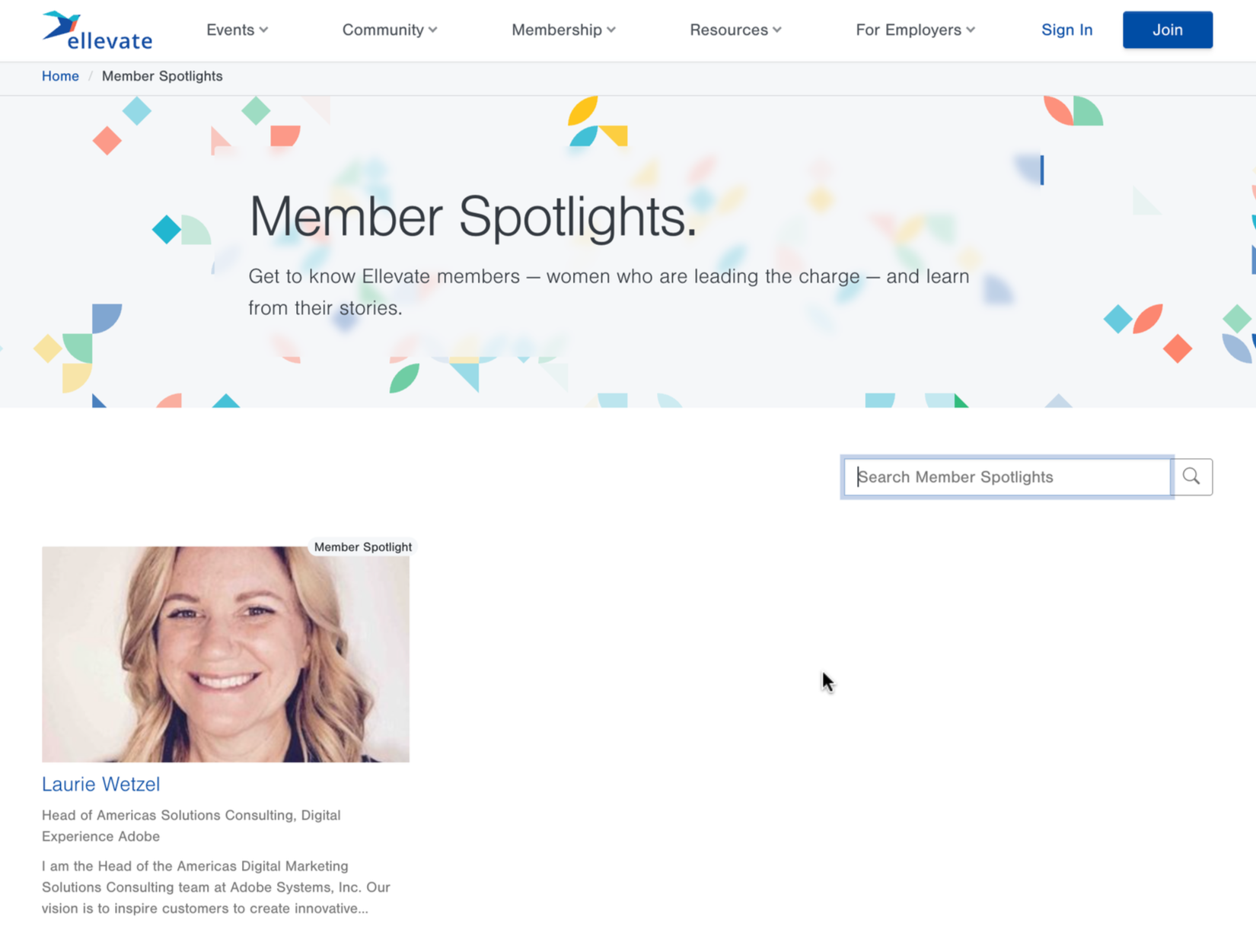 Screenshot of a webpage titled 'Member Spotlights' from Ellevate, featuring a profile of Laurie Wetzel with her photo and a brief bio, and a colorful confetti pattern background.