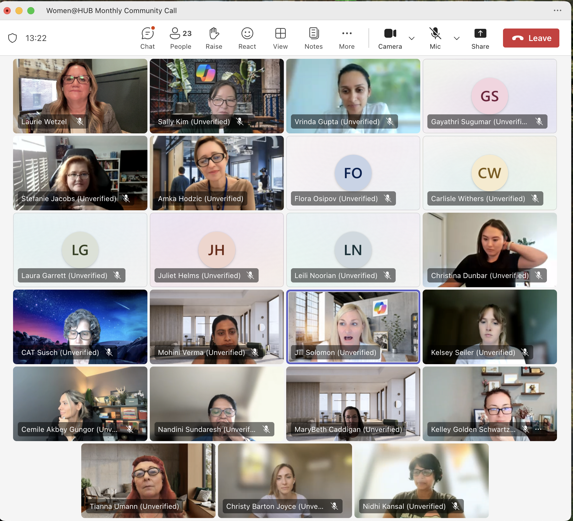 Screenshot of a virtual meeting titled 'Women@HUB Monthly Community Call' with multiple participants, some with video on and some with avatars or blank screens, in a grid layout.
