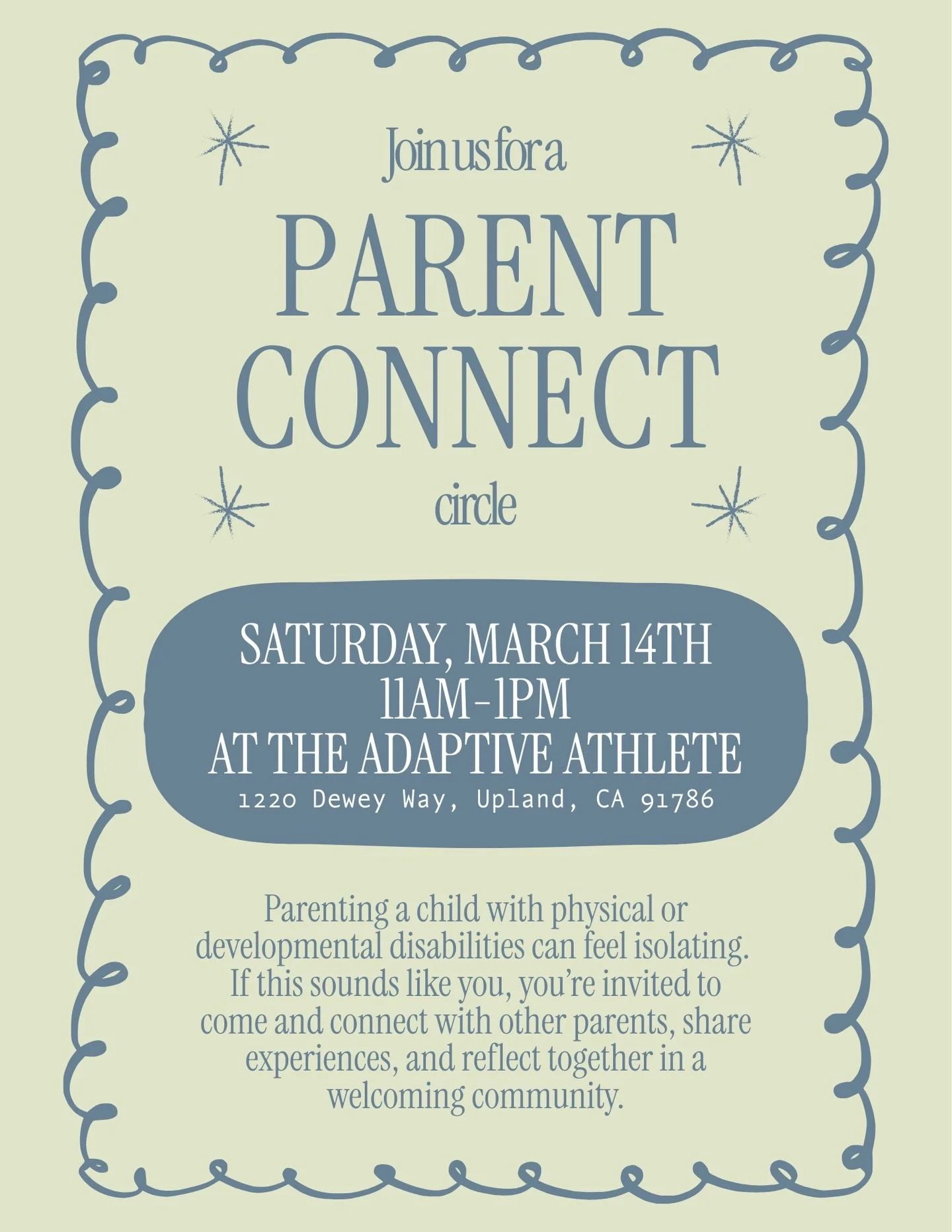 ✨Free Parent Connect Event✨

Parenting a child with physical or developmental disabilities can bring so many emotions. Love, pride, exhaustion, uncertainty, and everything in between. And sometimes it can feel really isolating.

This Saturday, I&rsqu