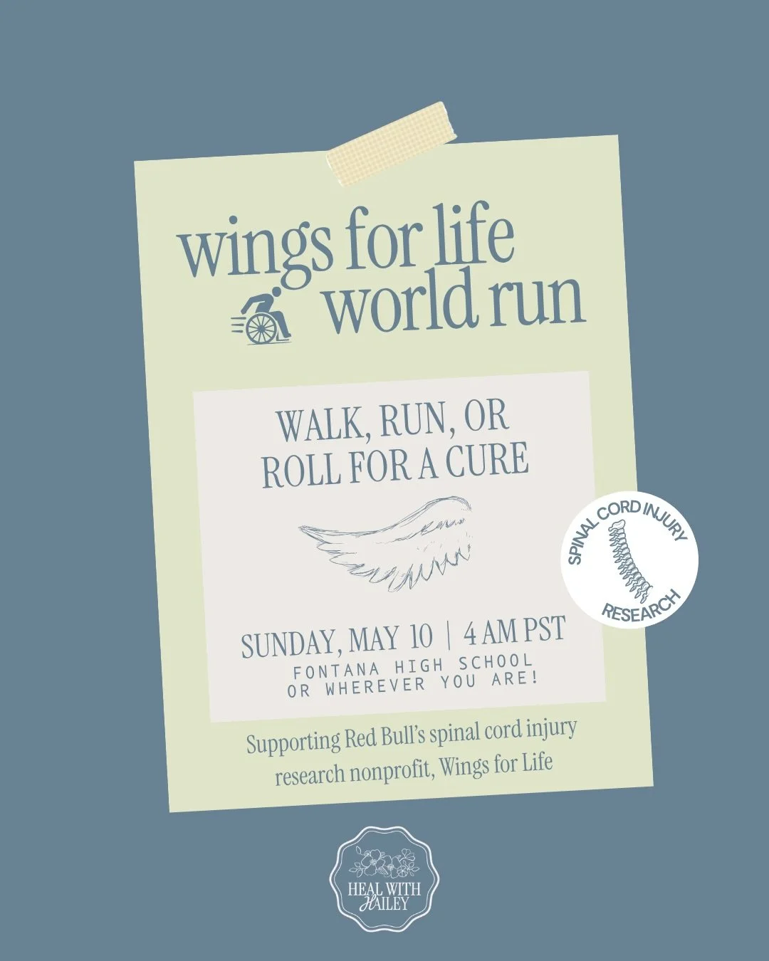 This Sunday, May 10th at 4am PST, more than 300,000 people around the world will start running, walking, or rolling at the exact same time for one mission: finding a cure for spinal cord injury!

I&rsquo;ll be participating in the Wings for Life Worl