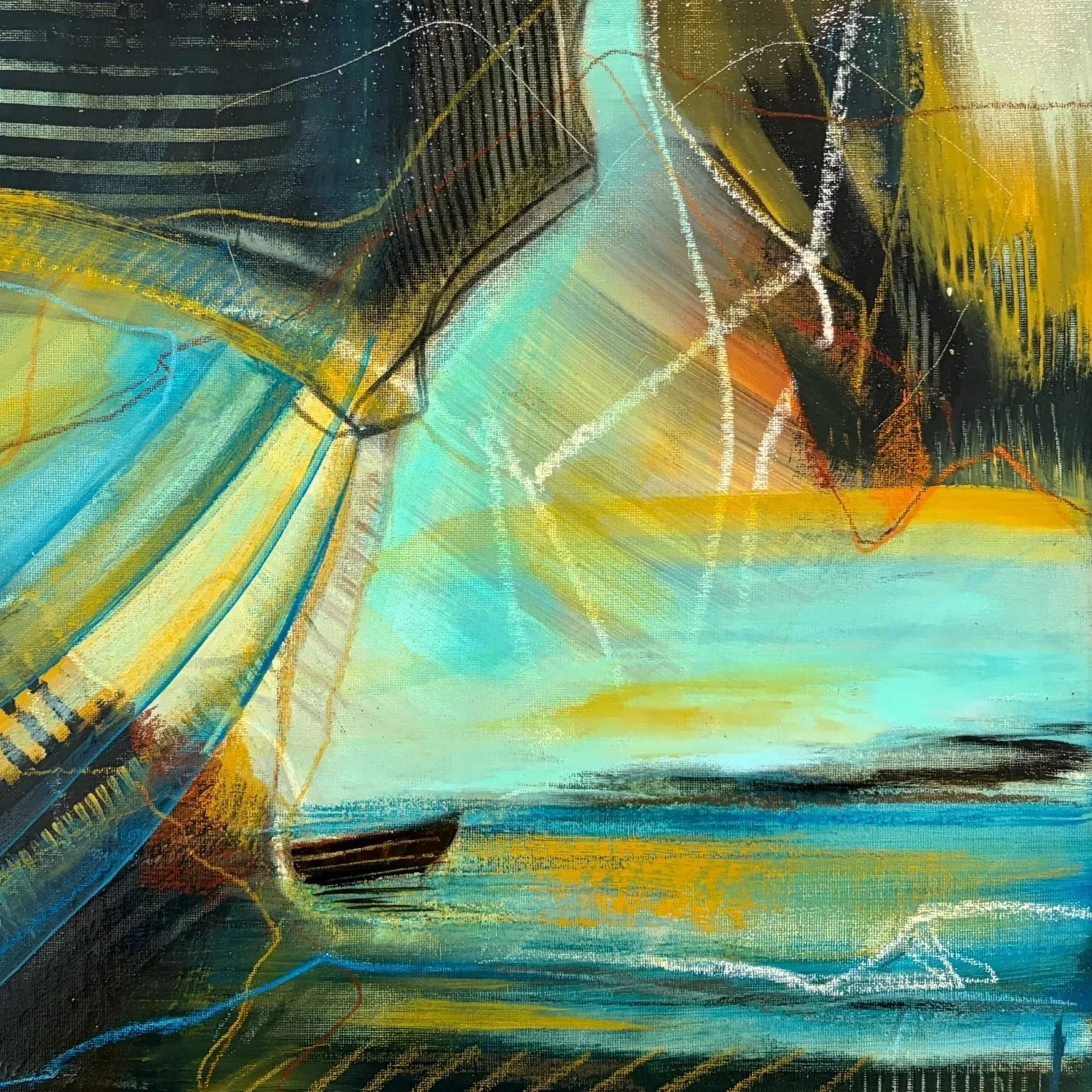 Abstracted seascape with a lone wooden boat. Coastal scene with rich turquoise and ochre hues. Original painting by artist Gorana Law.