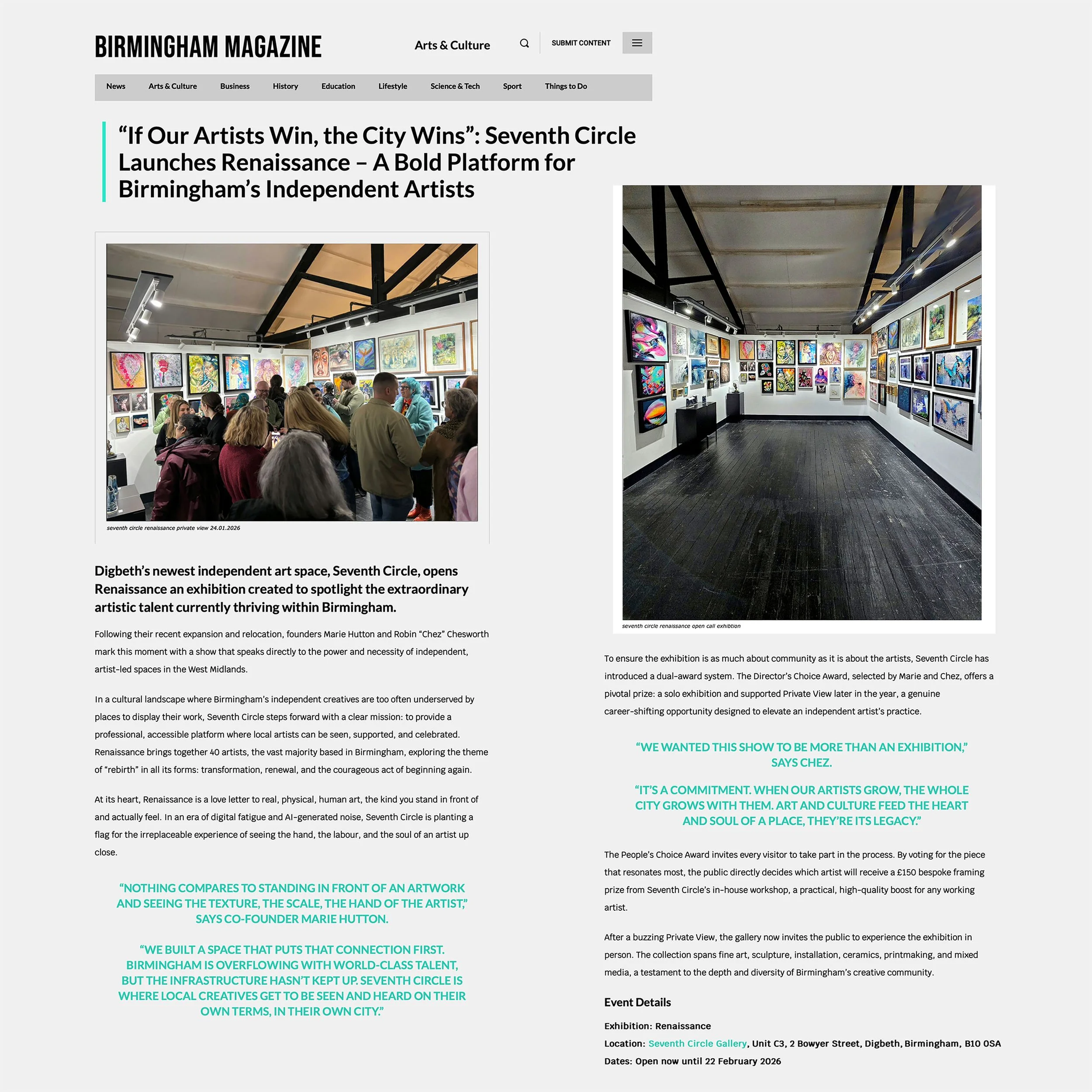 Press clipping of the group exhibition in the Seventh Circle Artworks gallery in Birmingham, UK.