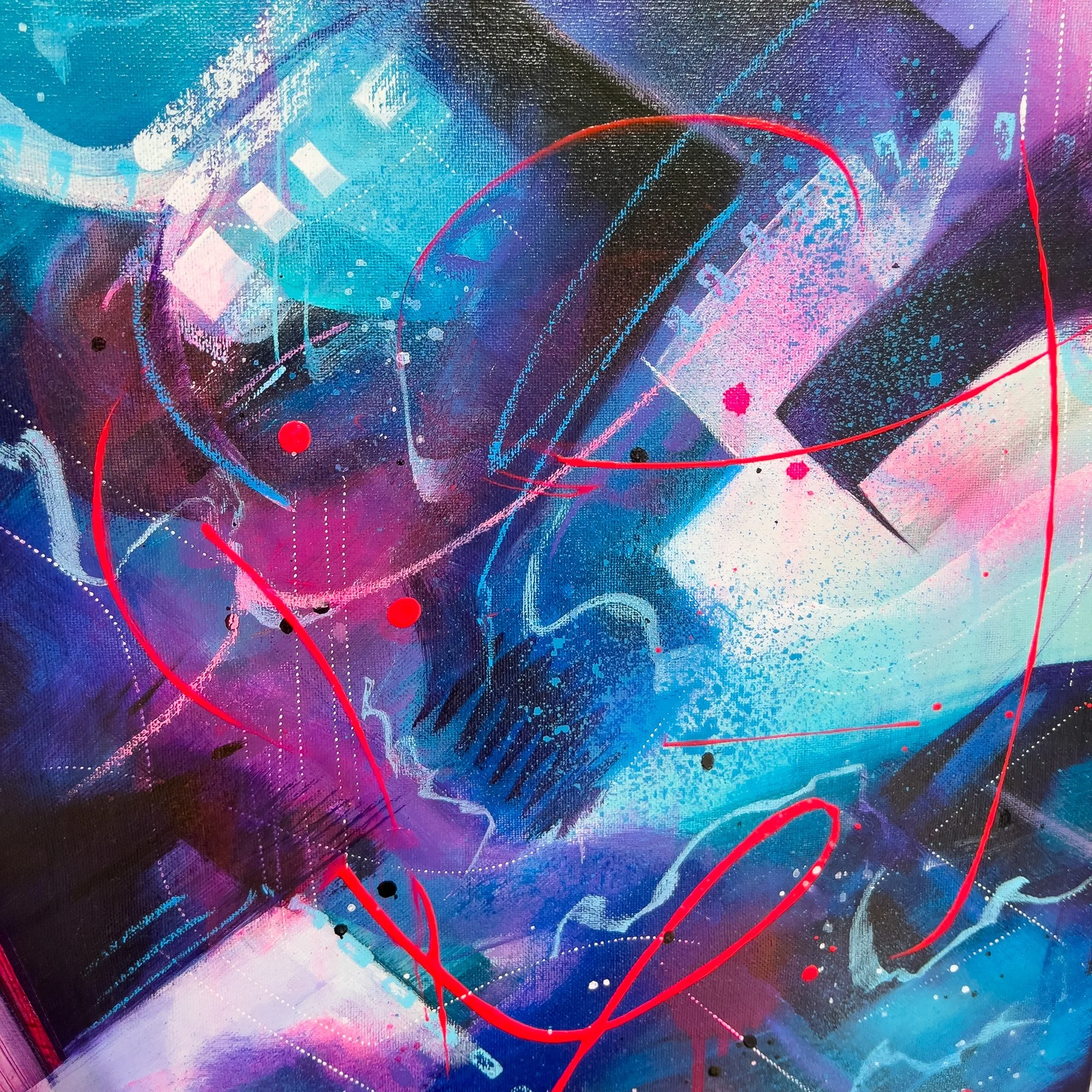 Blue and pink abstract forms. Painting close up.