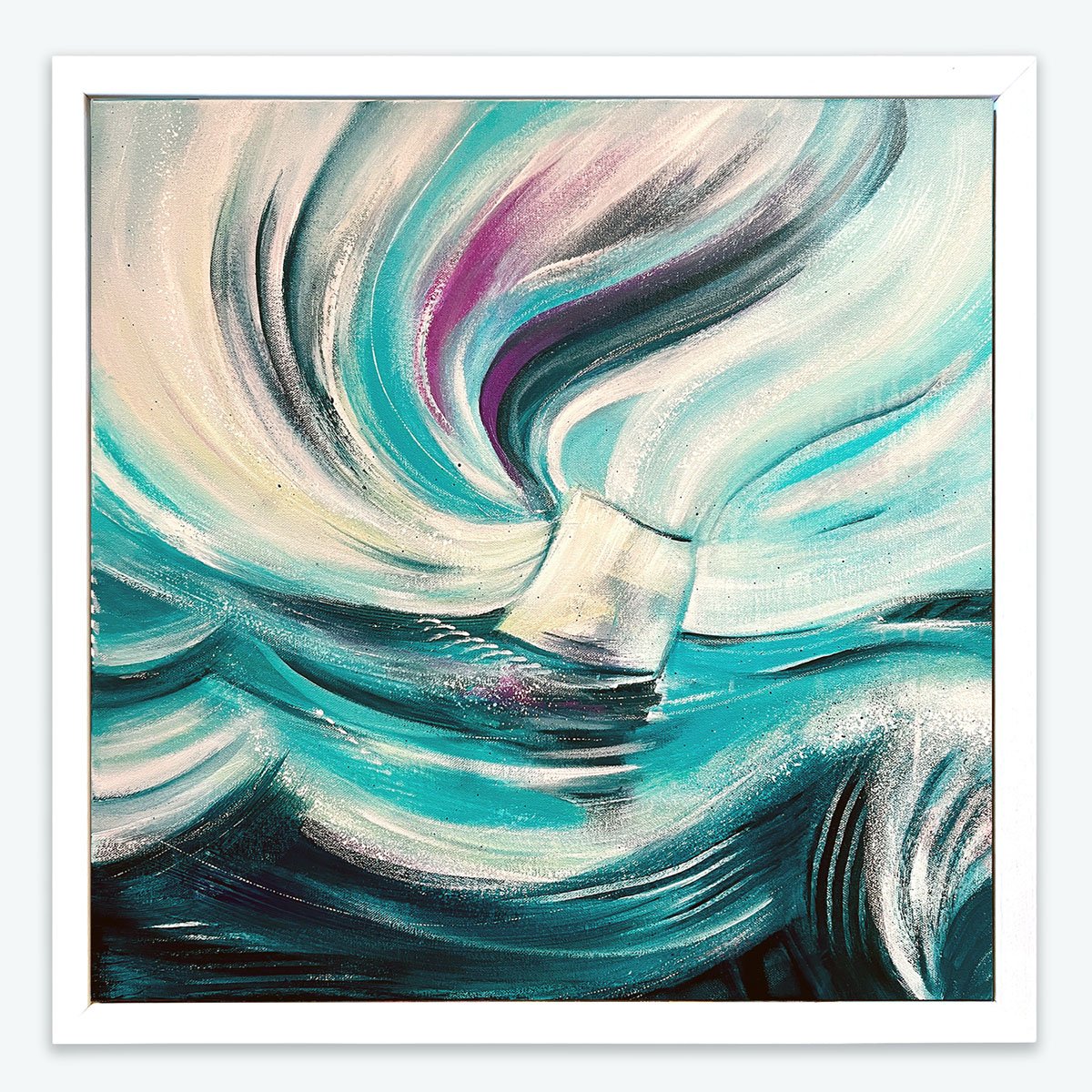 Expressive abstract seascape by Gorana Law in her signature turquoise colours. Energetic abstract featuring a sail boat battling waves.