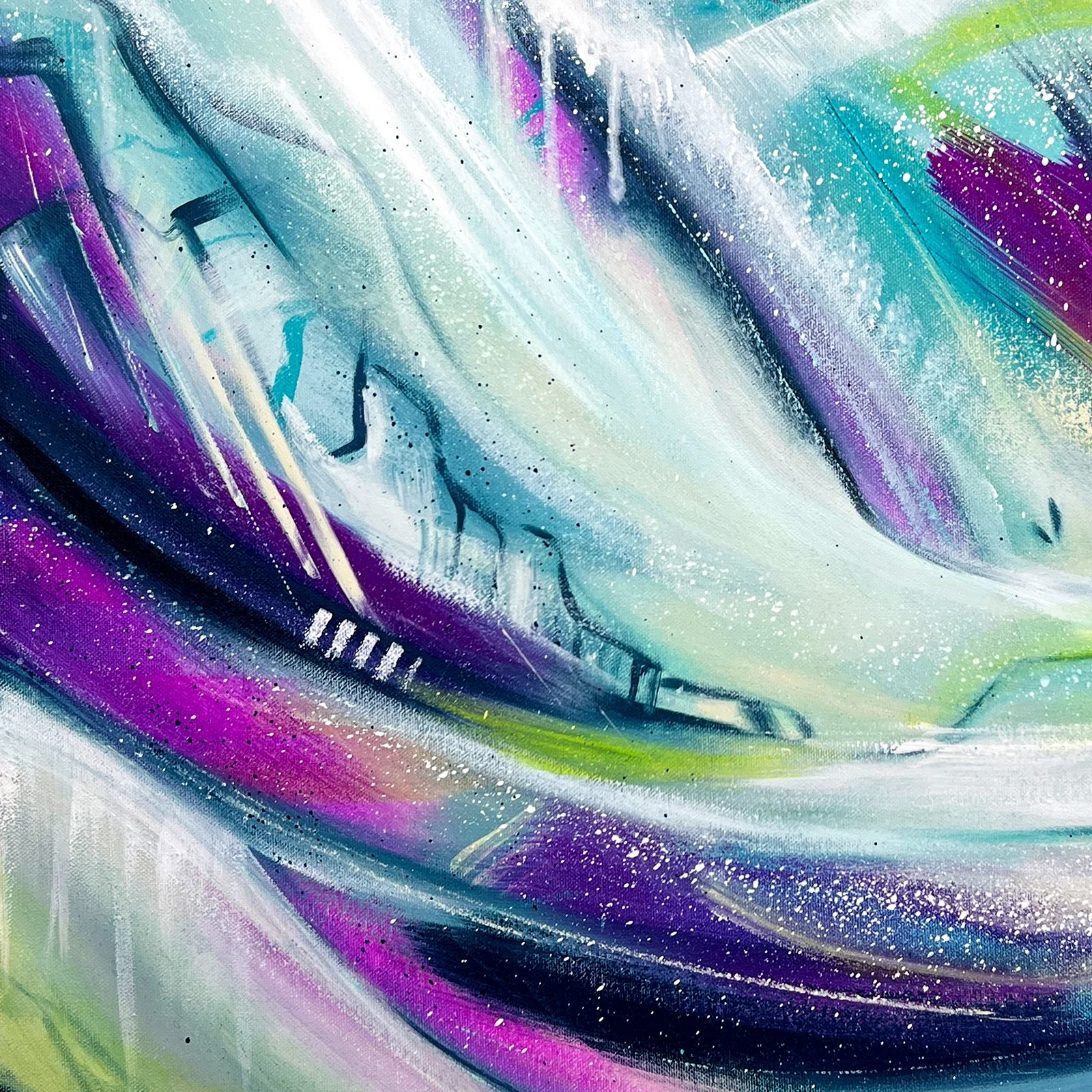 Abstract painting with vibrant colors including purple, blue, green, and white, featuring dynamic strokes and spray effects.