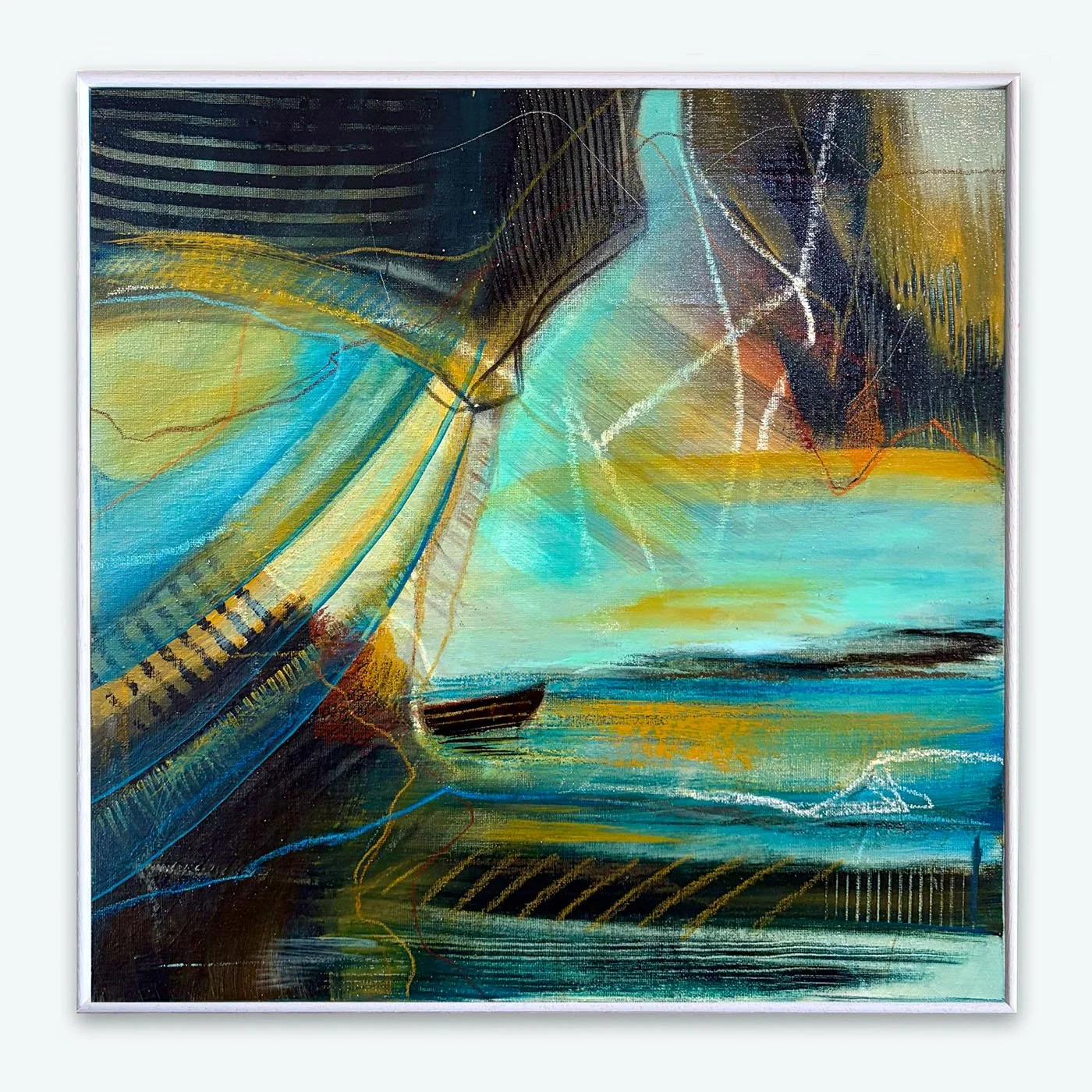 Expressive abstract seascape by Gorana Law in her signature turquoise and errata colours. Energetic abstract featuring a small boat on waves.