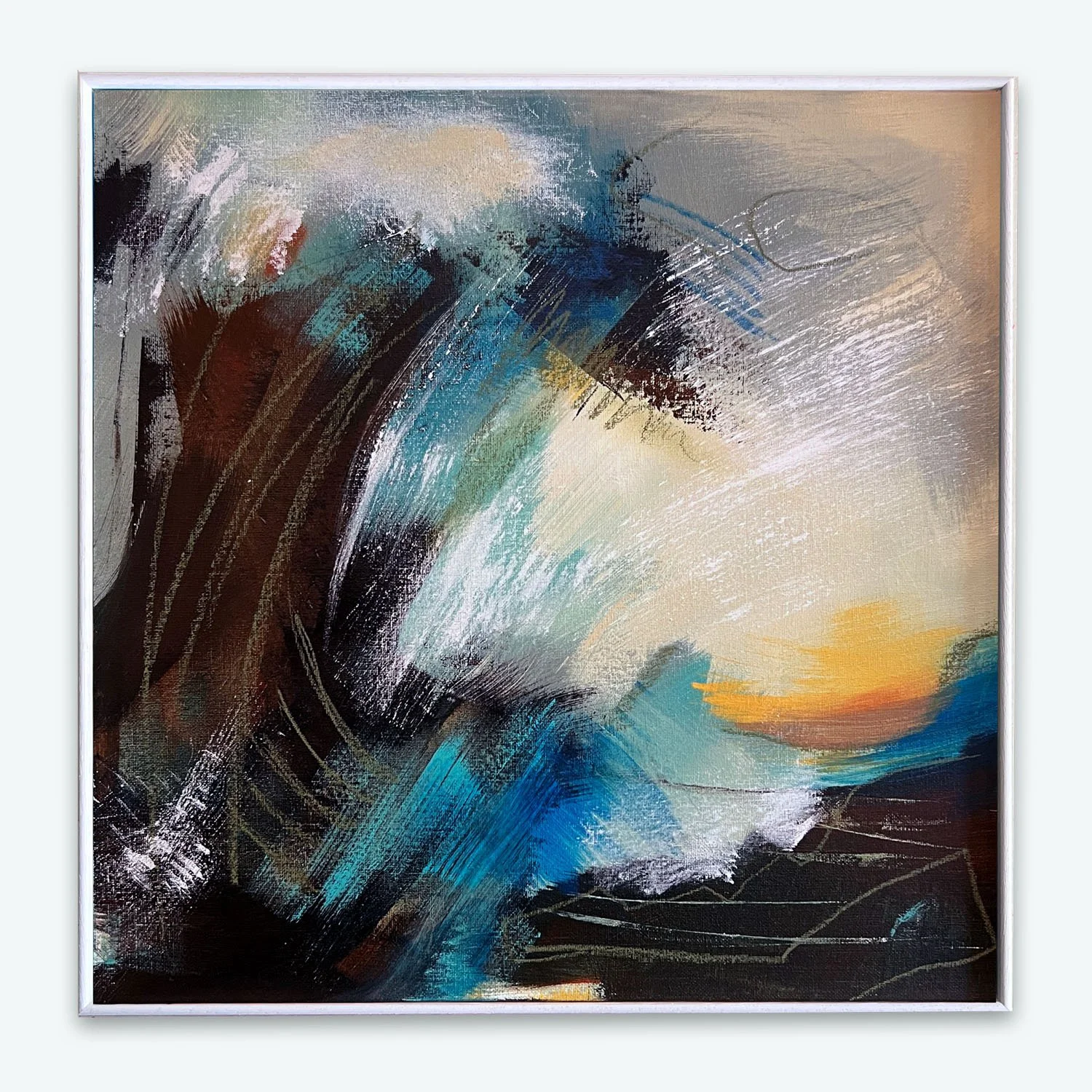 Abstracted ocean storm with sun breaking through. Paintings by seascape artist Gorana Law.