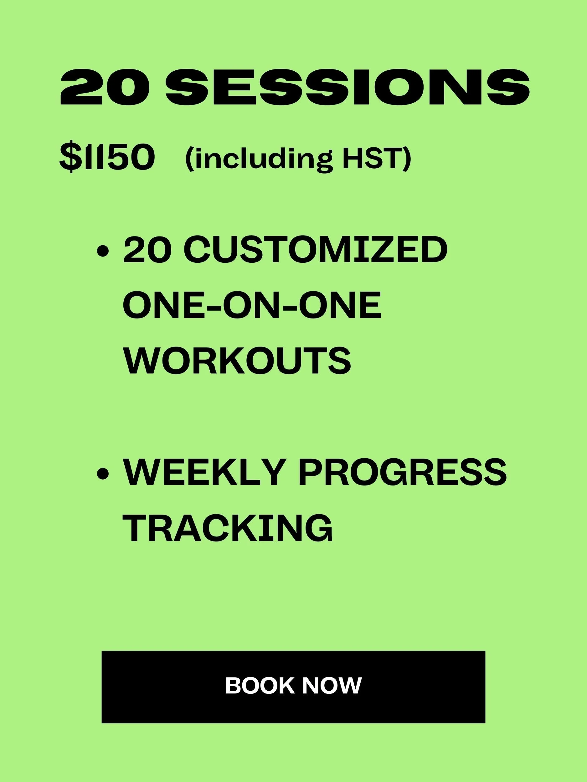 Sign advertising 20 personalized one-on-one workouts for $1150 including HST, with weekly progress tracking, and a booking button.
