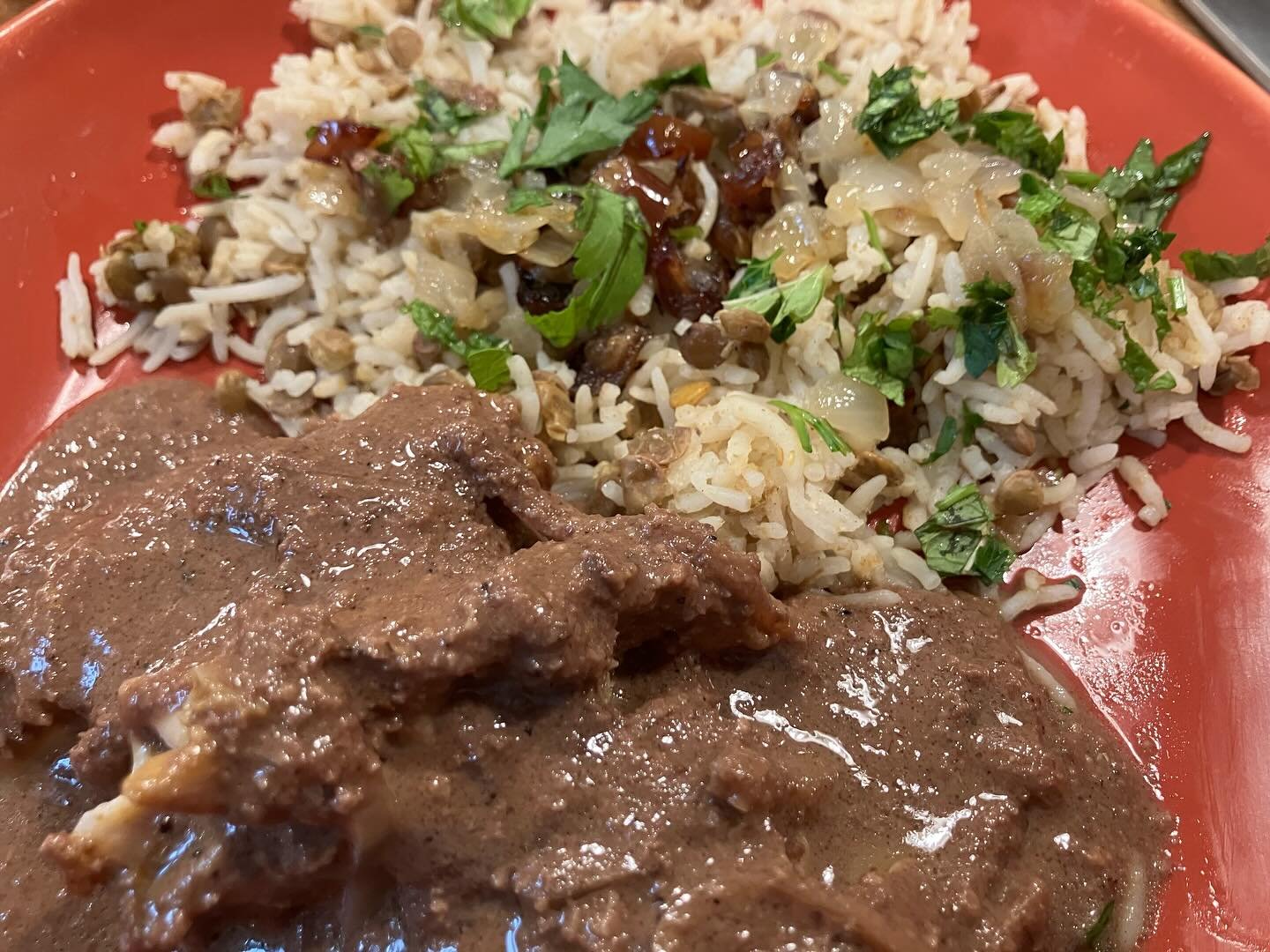 Norwuz Mubarak!! Fesenjoon- not the most photogenic dish, but man oh man is it a taste sensation!! This Persian feast includes basmati rice with lentils, caramelized onions and dates, salad with cucumbers, red onion and tomatoes and tons of fresh her