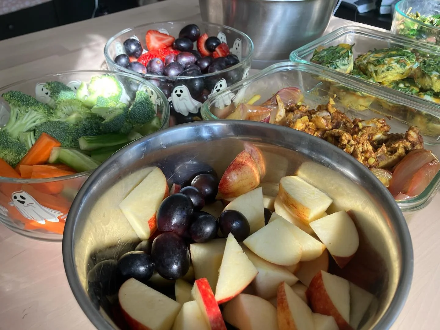 Food prep-a-rama!! Homemade hummus and crudit&eacute;s; cut fruit; curried lentils, chickpeas, sweet potatoes and feta for wraps; chicken shawarma; sauteed greens; egg &ldquo;muffins&rdquo; with spinach, chicken sausage, feta and cheddar. Easy, fresh