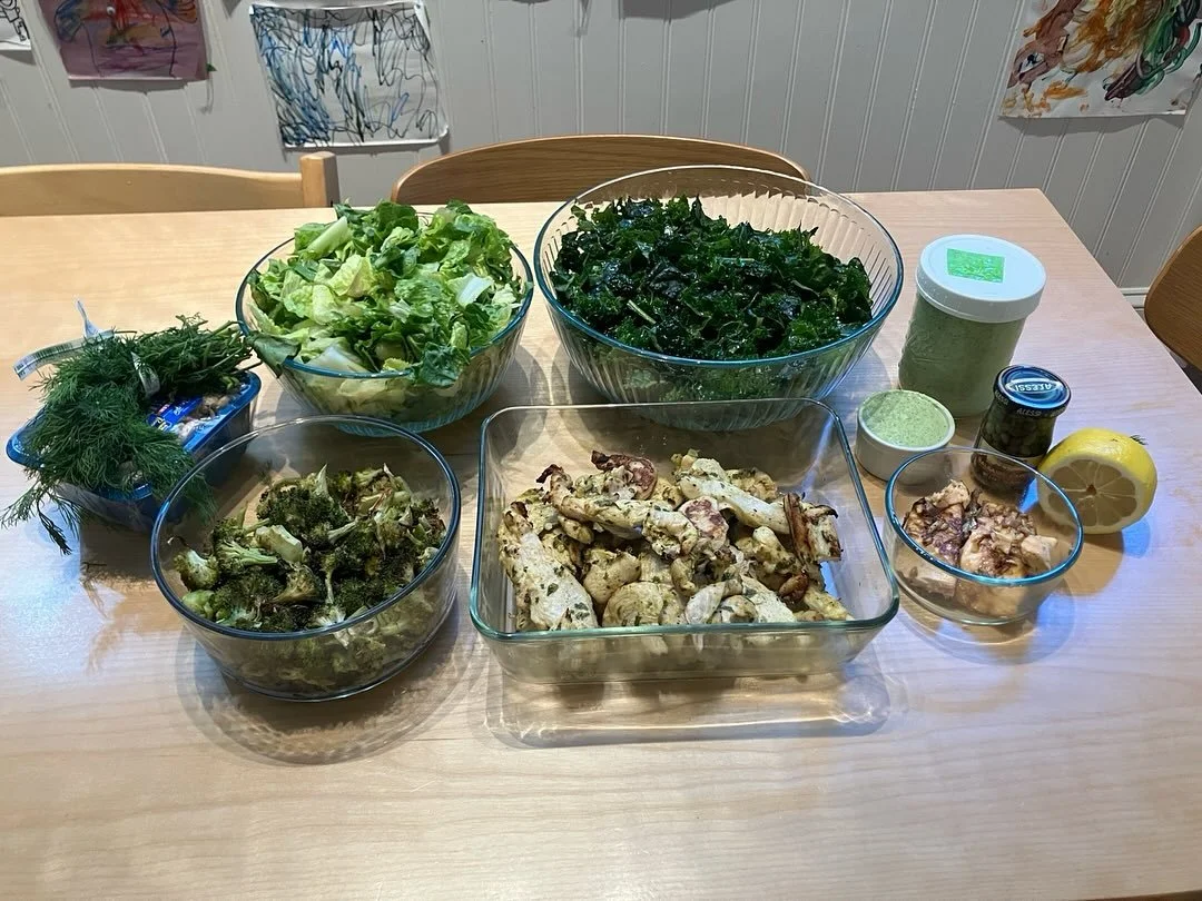 Meal prep for a new client - curried chicken, roasted broccoli, farro and wild rice salads, kale and romaine, creamy goddess dressing. Stock that fridge with healthy grains, veggies and proteins!!