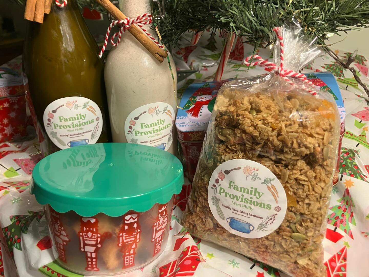 So many holiday treats!! Coquito, DIY spiced maple cookie kit, rugelach (jam and nuts), chocolate crinkle cookies, granola and stollen. Don&rsquo;t forget a tin of assorted treats for teachers!