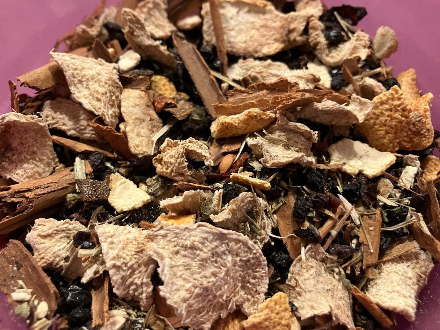 Two warming, anti inflammatory, immune boosting teas - 1. Winter tea blend (cinnamon, orange peel, ginger, lemon balm, elderberry, rosehips, echinacea and vanilla), and 2. Golden Milk Mix - a traditional Indian beverage made with warm milk, turmeric,