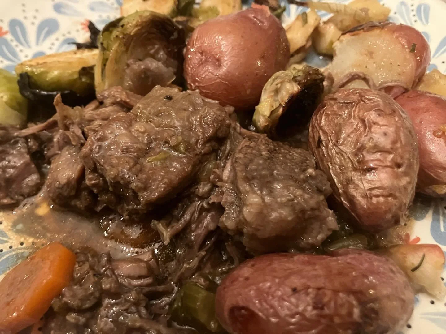 Christmas Dinner - short ribs with red wine and rosemary; roast potatoes, parsnips and apple; Brussels and homemade bread. Forgot to take a pic of the pear galette with fresh cream - oops!