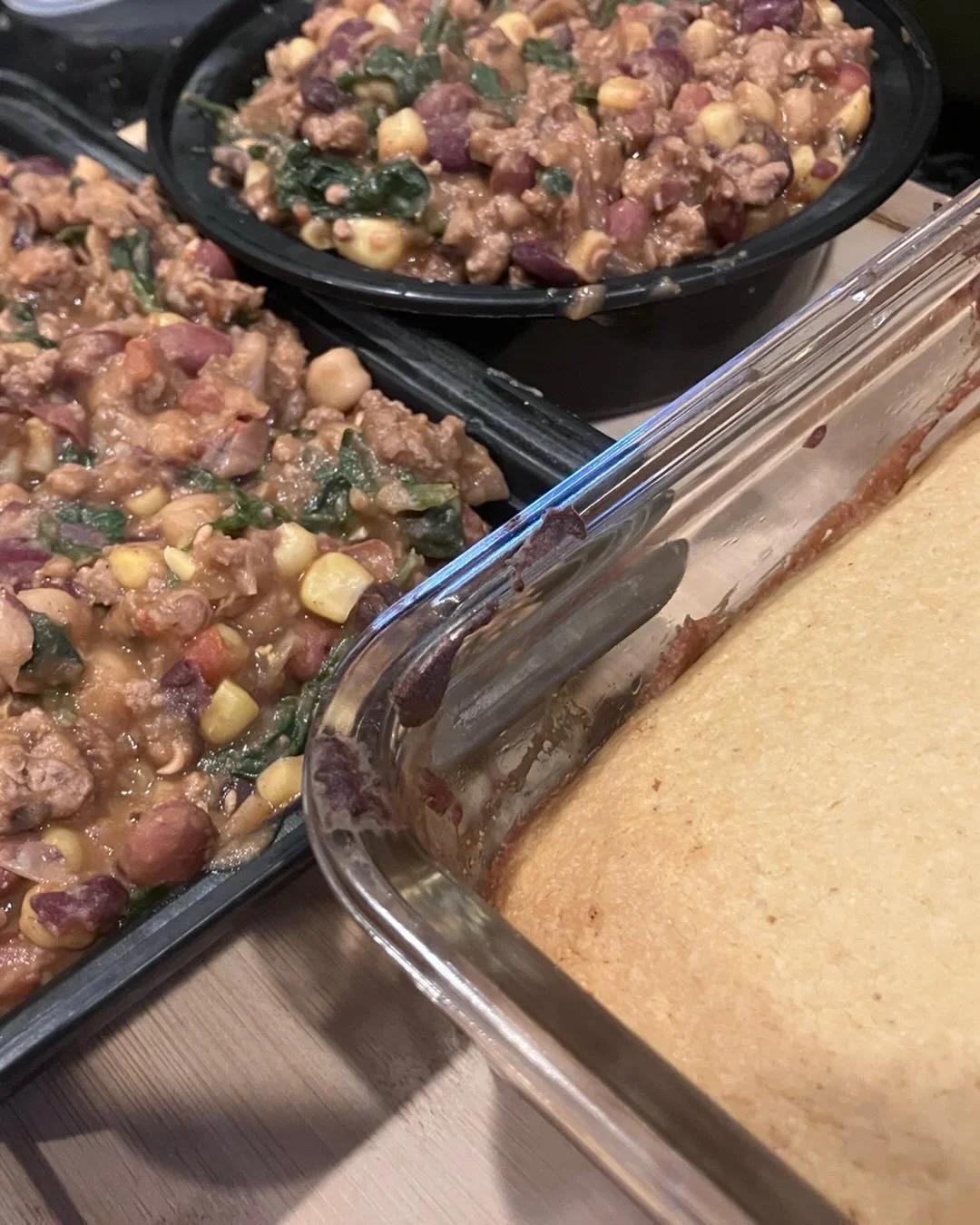 Meal prep - nourishing and nutritious and super yum chili with ground turkey and cornbread from scratch.