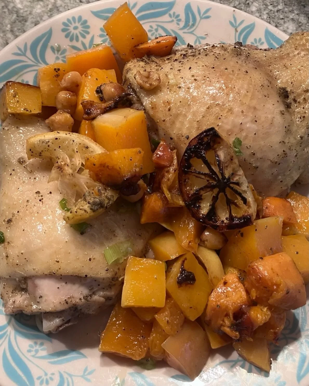 Roast chicken thighs with butternut squash in a maple syrup-butter glaze with lemon and sage. So rich and bright (and that lemon is so pretty). Not pictured: farro with mushrooms, green salad with cranberry, walnuts, goat cheese and garlicky balsamic