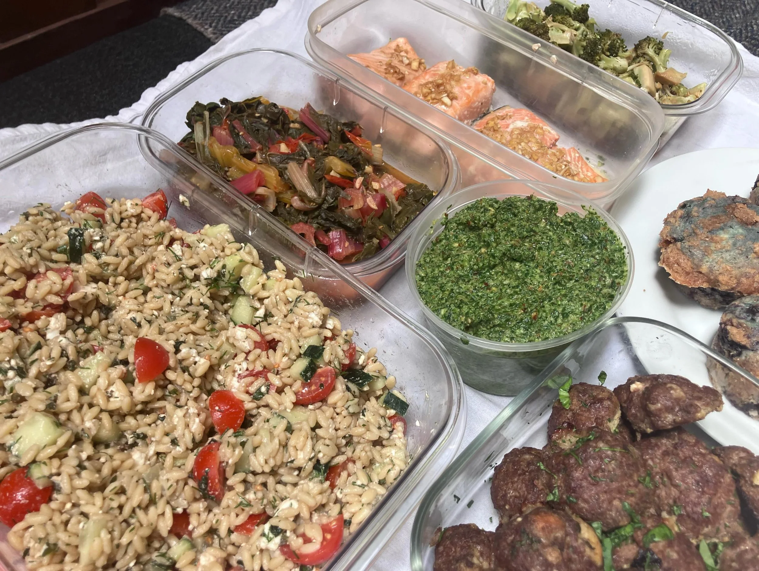 Prep-o-rama!! Beef herby meatballs, orzo salad, pesto, chard, salmon, roast broccoli and blueberry muffins - brain foods for a new client