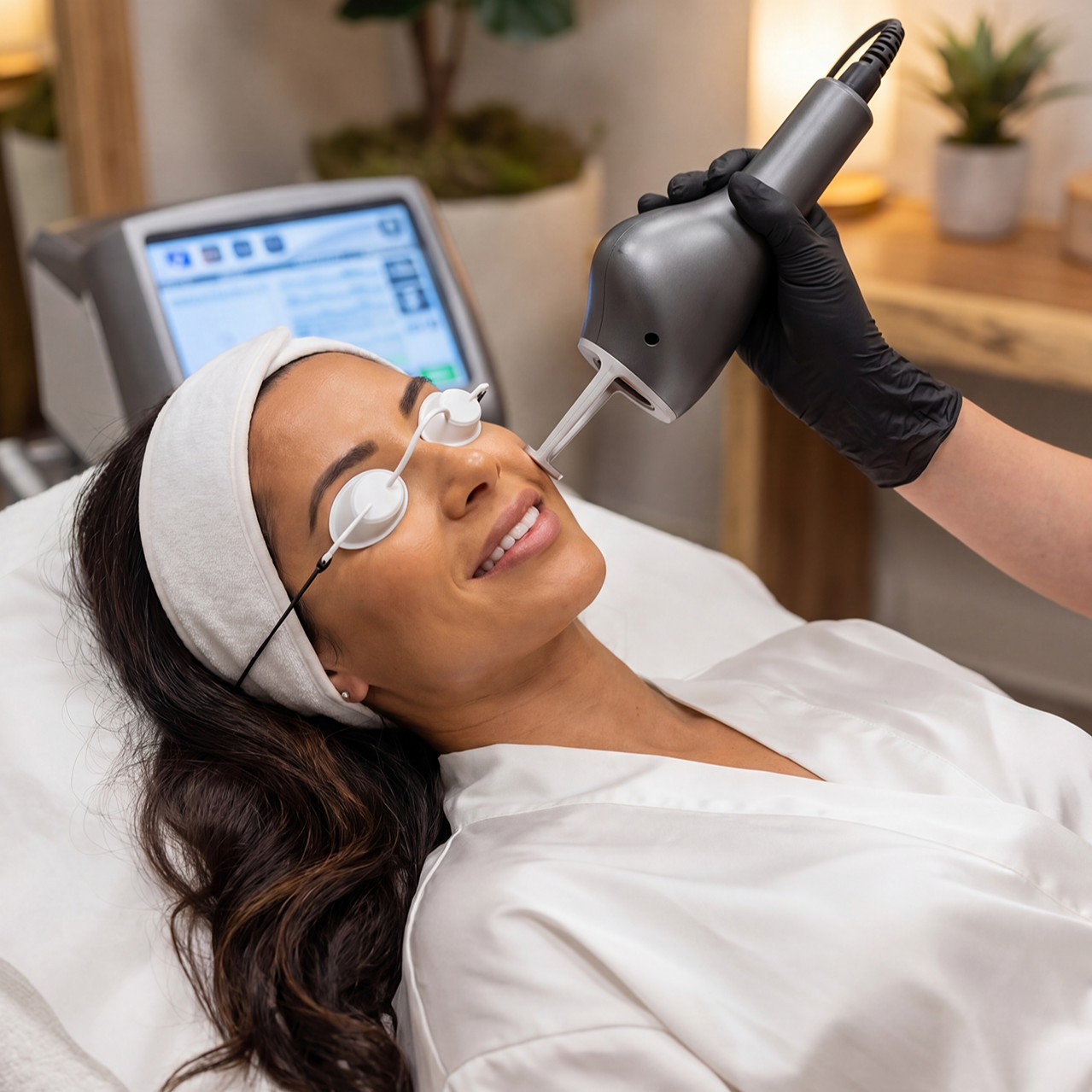 A patient undergoing laser skin rejuvenation treatment designed to resurface the skin and stimulate long-term collagen production. As a powerful collagen-stimulating treatment, laser therapy can help reduce wrinkles, improve skin laxity, minimize por