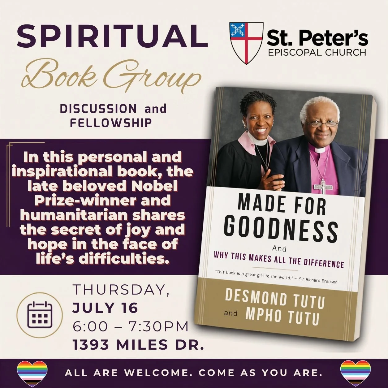 Poster for a spiritual book group at St. Peter's Episcopal Church, featuring the book 'Made for Goodness' by Desmond Tutu and Mpho Tutu, with a photo of the authors, event details, and a rainbow-colored heart icon.