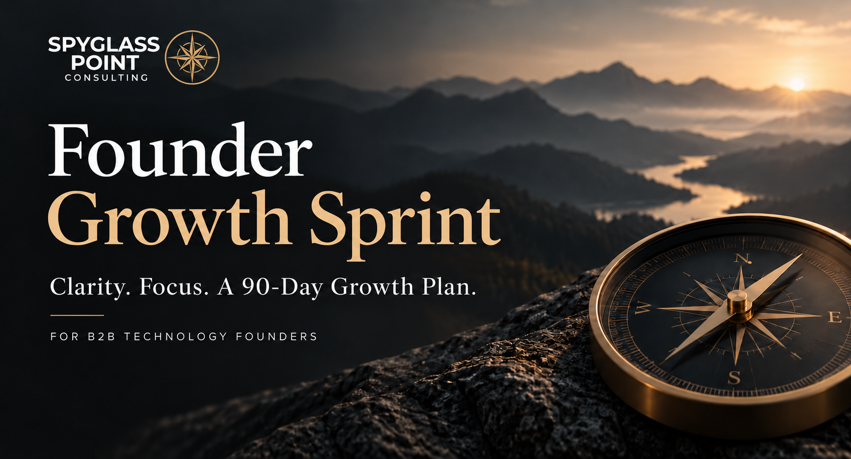 A promotional graphic for Spyglass Point Consulting featuring a scenic mountain landscape at sunrise, with a gold compass resting on a rock in the foreground and text promoting a 90-day growth plan for B2B technology founders.