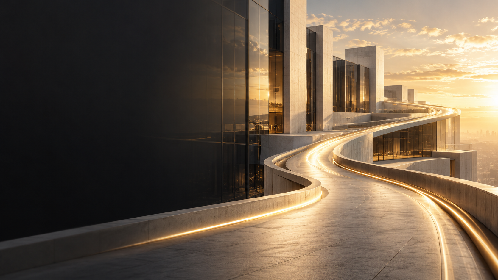Modern building with a curved balcony illuminated by golden lighting at sunset, reflecting the city skyline and sky with scattered clouds.