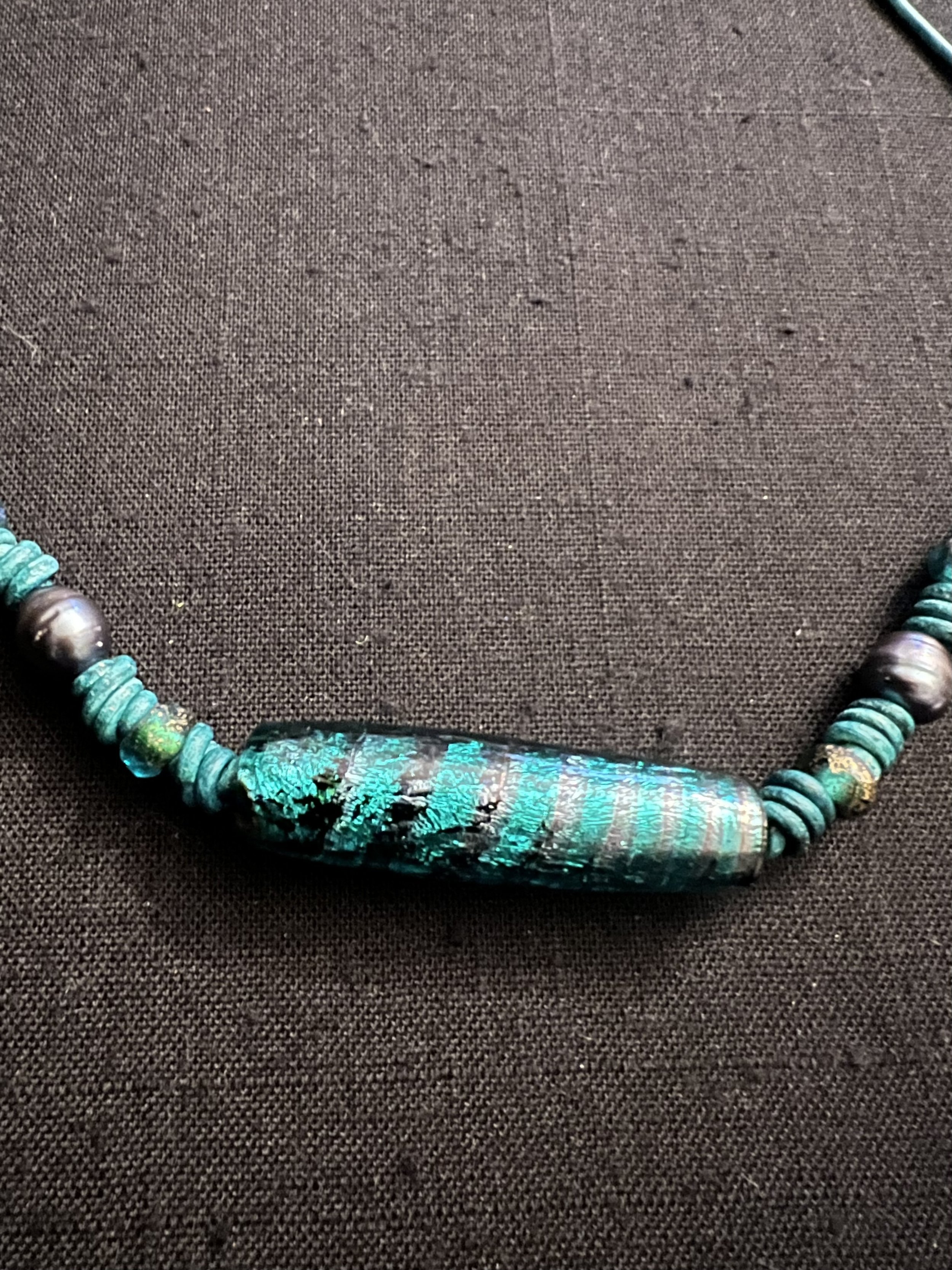 Striped Aqua Murano Glass Tube Bead & Pearl Necklace/Earring Set