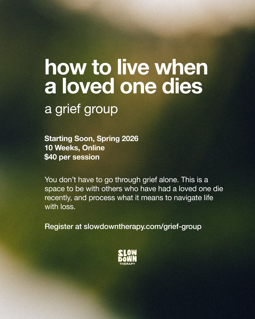 Image of a flyer with white text and a gradient background with the colors green, black, and white. Written text includes details about the group and how to register which is also written as text on this website where the image appears.