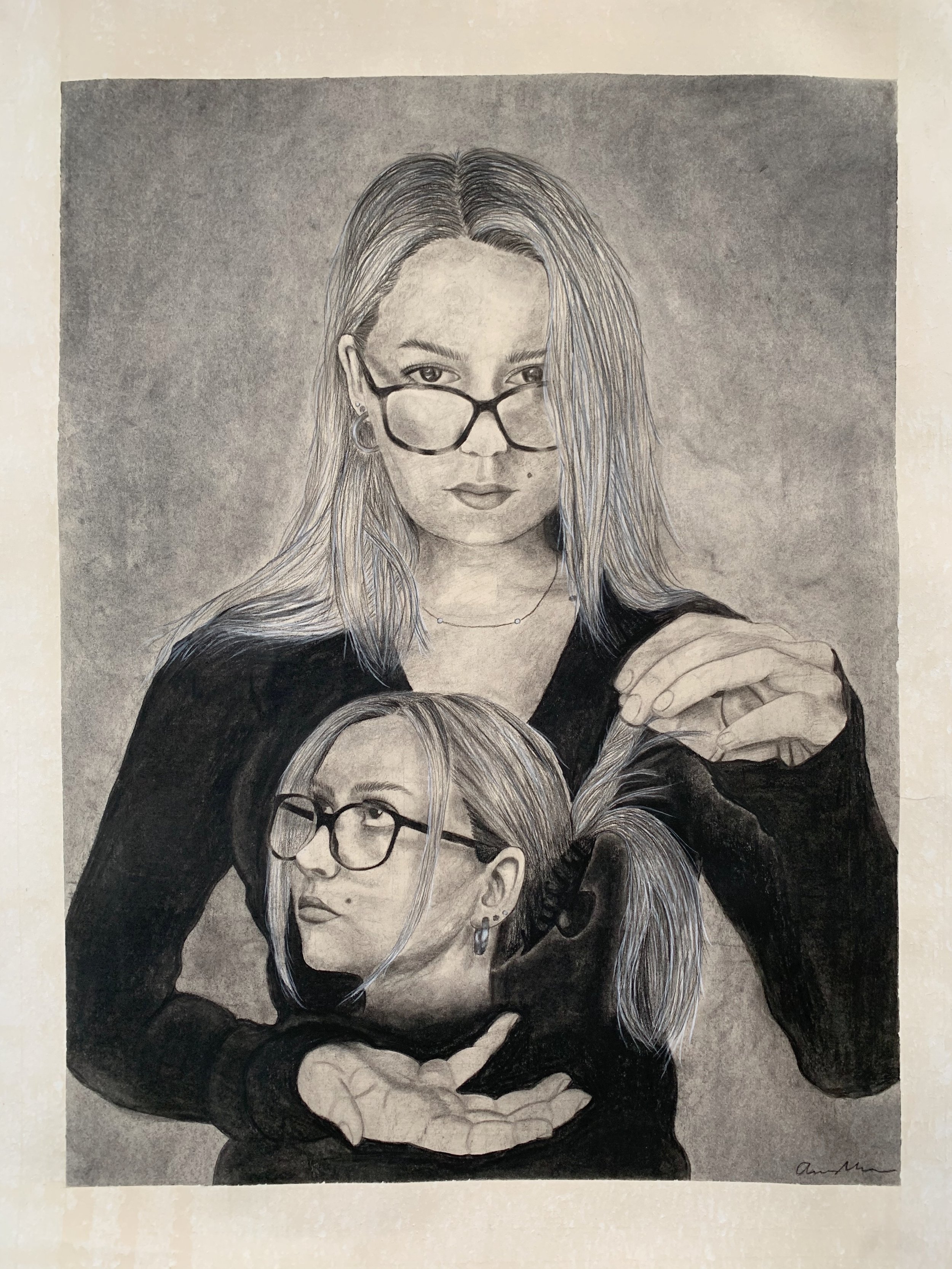 Surrealistic Self Portrait. 2021. Charcoal on tea-dyed paper. 20x28in.