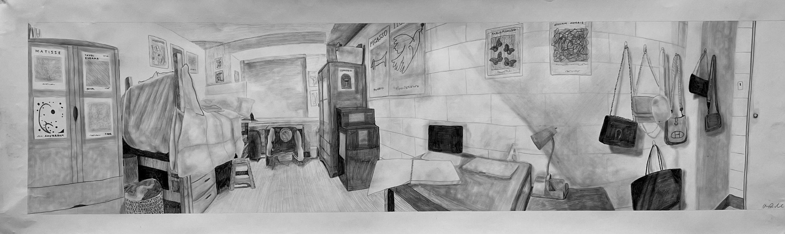 Sophomore dorm. 2023. Charcoal on paper. 12x72in.