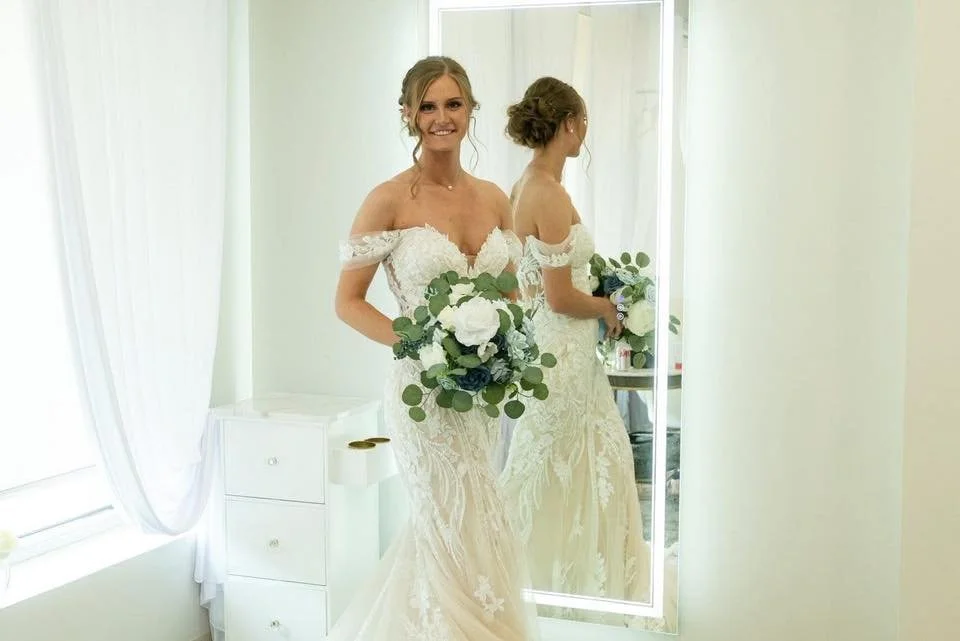 Bride in bridal suite at LuxeFalls Venue Sioux Falls SD – affordable wedding pricing made simple.