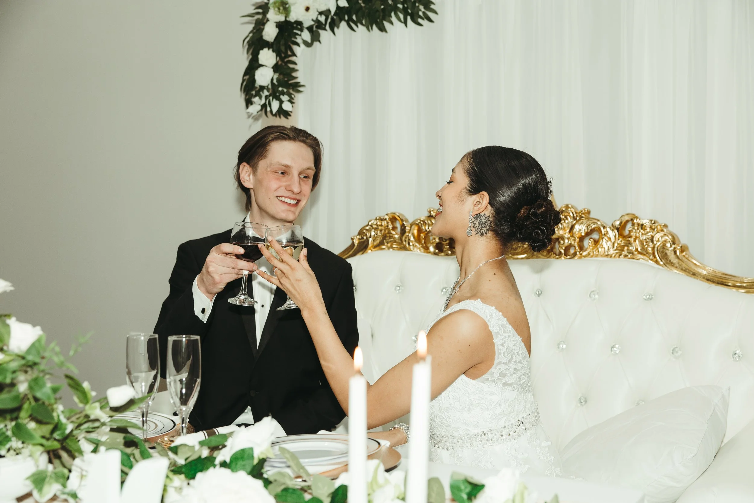 Bride and groom celebrating at LuxeFalls Wedding Venue in Sioux Falls SD, showcasing weekday wedding packages available Monday through Thursday for intimate and affordable celebrations.