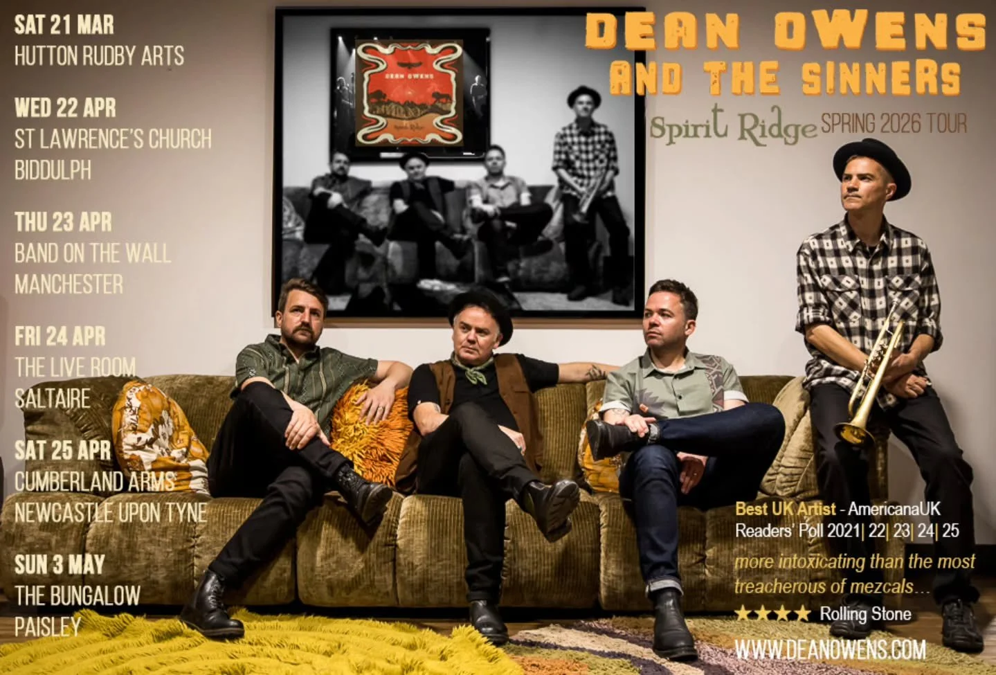 Tour News! 

Spirit Ridge Tour UK hits the road again! 🦬 🌄
With The Sinners 🌵

21 Mar @huttonrudbyarts N Yorkshire 
22 Apr St Lawrence Church @biddulphupinarms
23 Apr @bandonthewall Manchester
24 Apr The Live Room at Saltaire 
25 Apr @thecumberlan