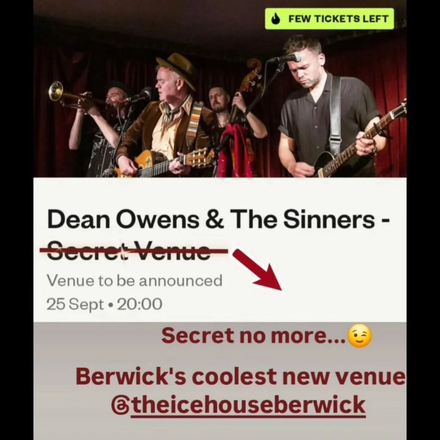 Secret no more! 🤐😸🌵
Me and The Sinners at Berwick-upon-Tweed's coolest new pop up venue @theicehouseberwick 🧊 ❄️ 

There's a couple of last minute returns so if you're thinking of coming, now's the time 😉

Link in bio 🔗