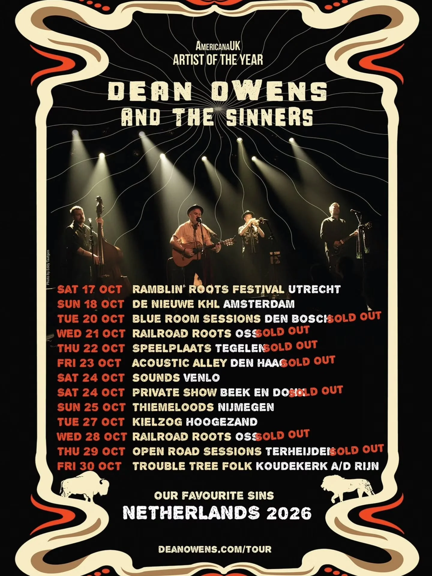 Greetings from The Netherlands from me and The Sinners. The gigs so far have been amazing, starting at the brilliant Ramblin' Roots Festival in Utrecht, which was really busy. We've enjoyed playing to so many full houses with more to come. 

Still a 