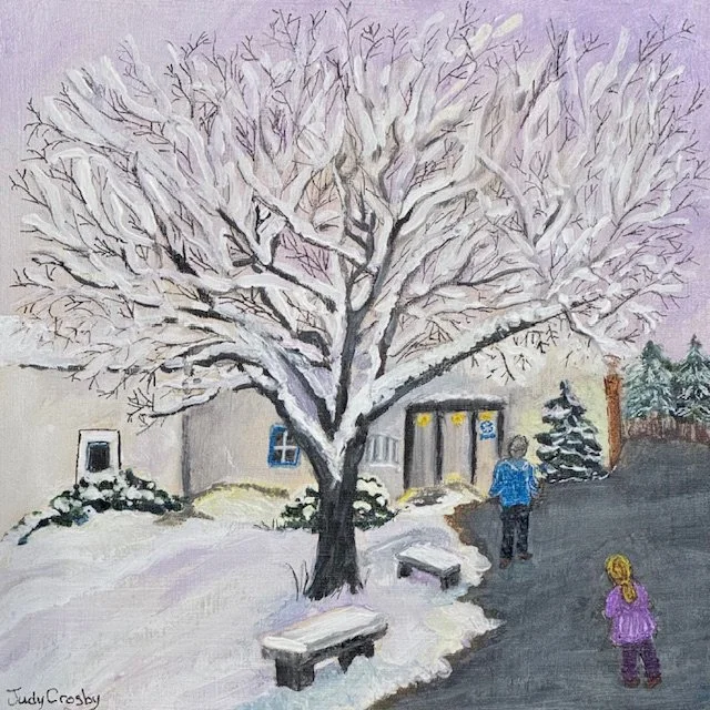 Snow covered Crabapple Tree  Acrylic 12 x 12" canvas  $300 My husband and daughter planted this tree over 20 years ago.