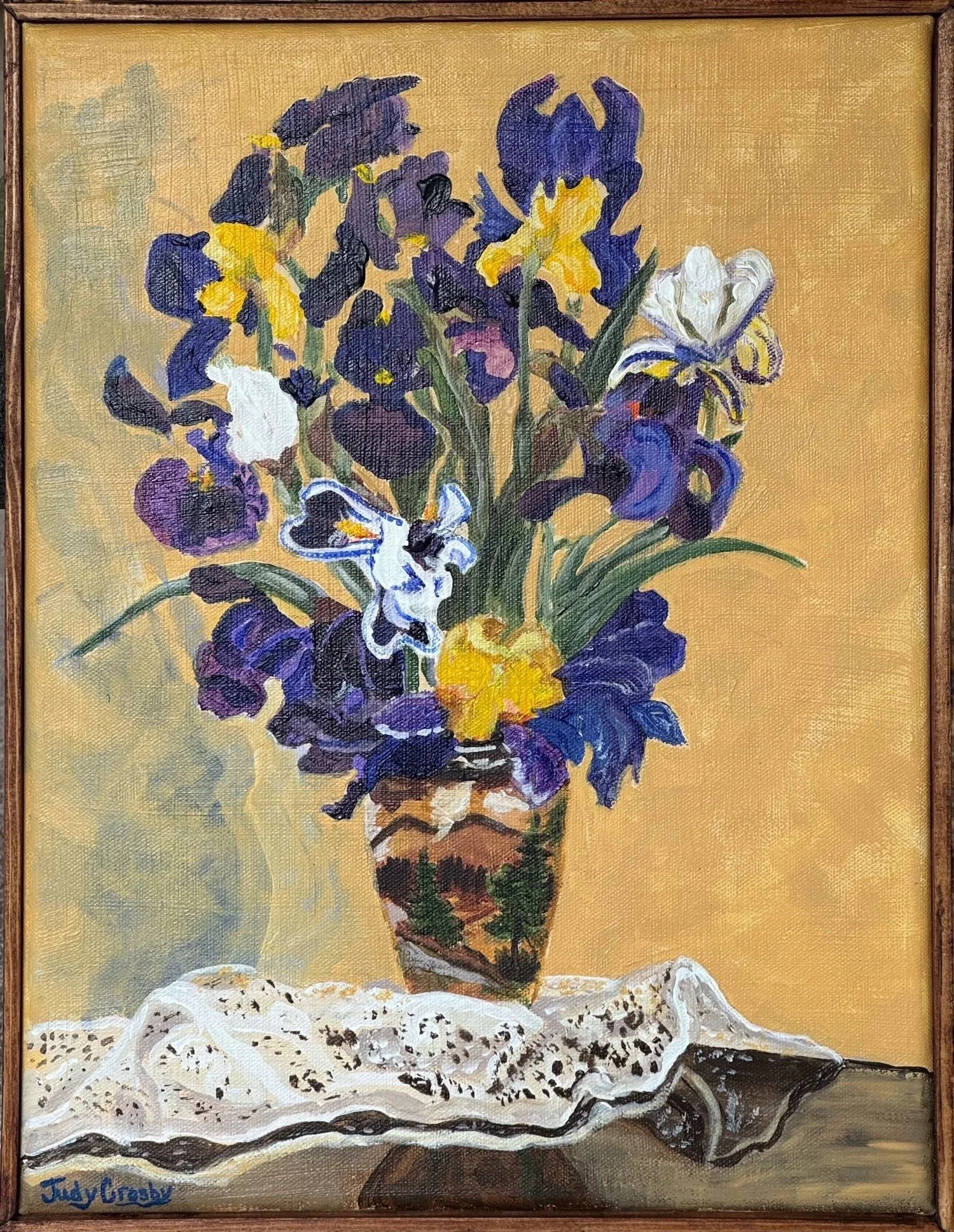 Irises & Lace Acrylic 20 x 16" $350 These are irises cut from my husband's gardens.
