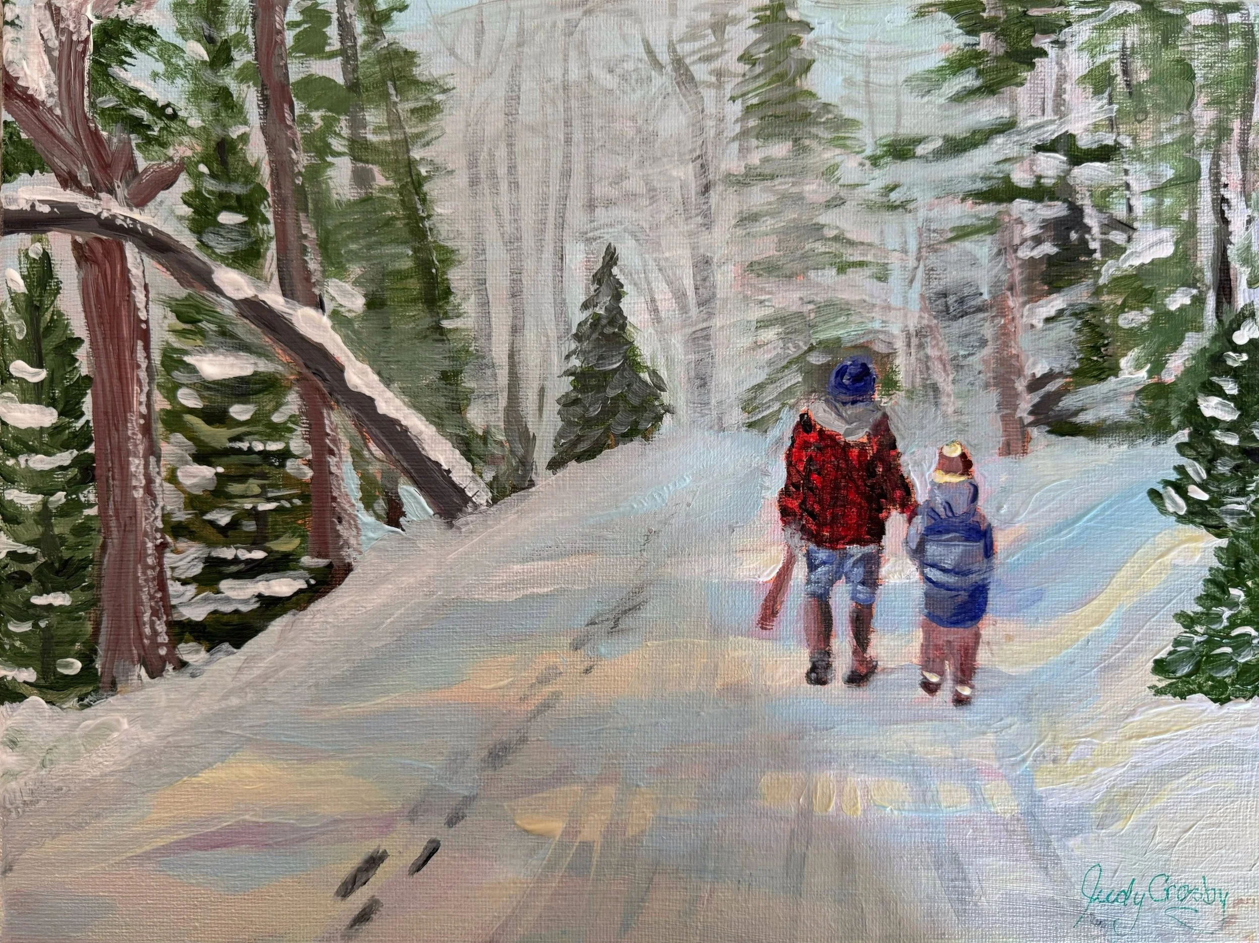 "Winter Walk" (Private Collection) My brother and his grandson walking their camp road at Christmas time.