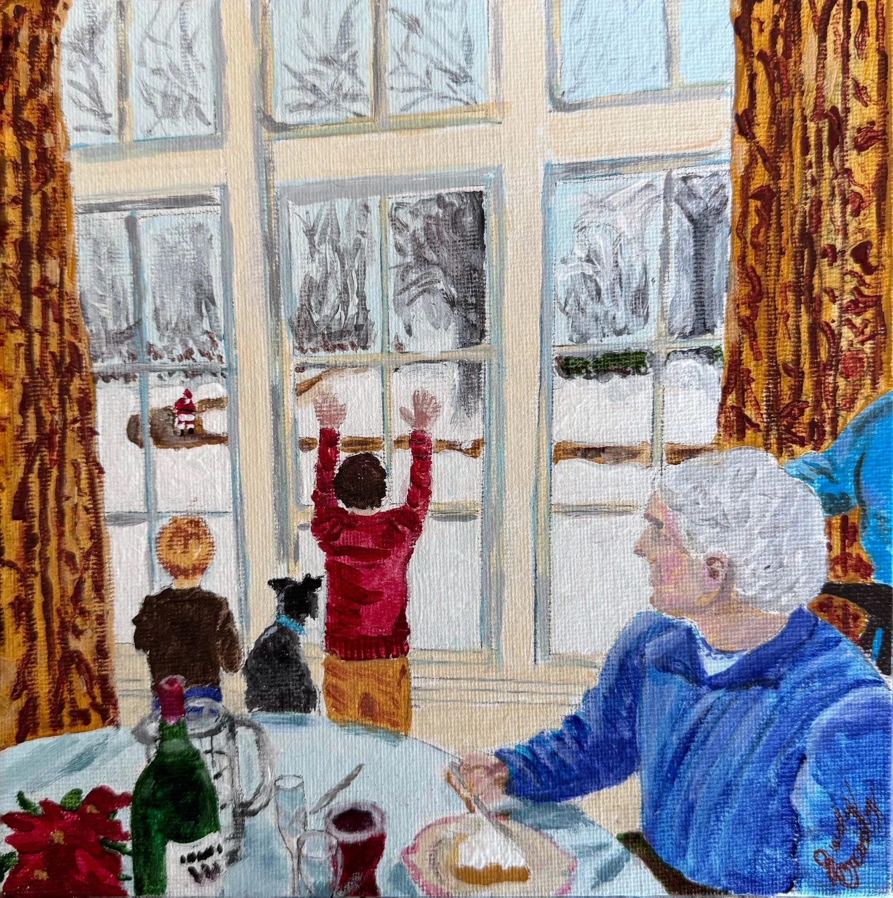 "Watching for Santa" (Private Collection) This was a magical moment when the grandsons of friends were eagerly watching Santa appear in their driveway.