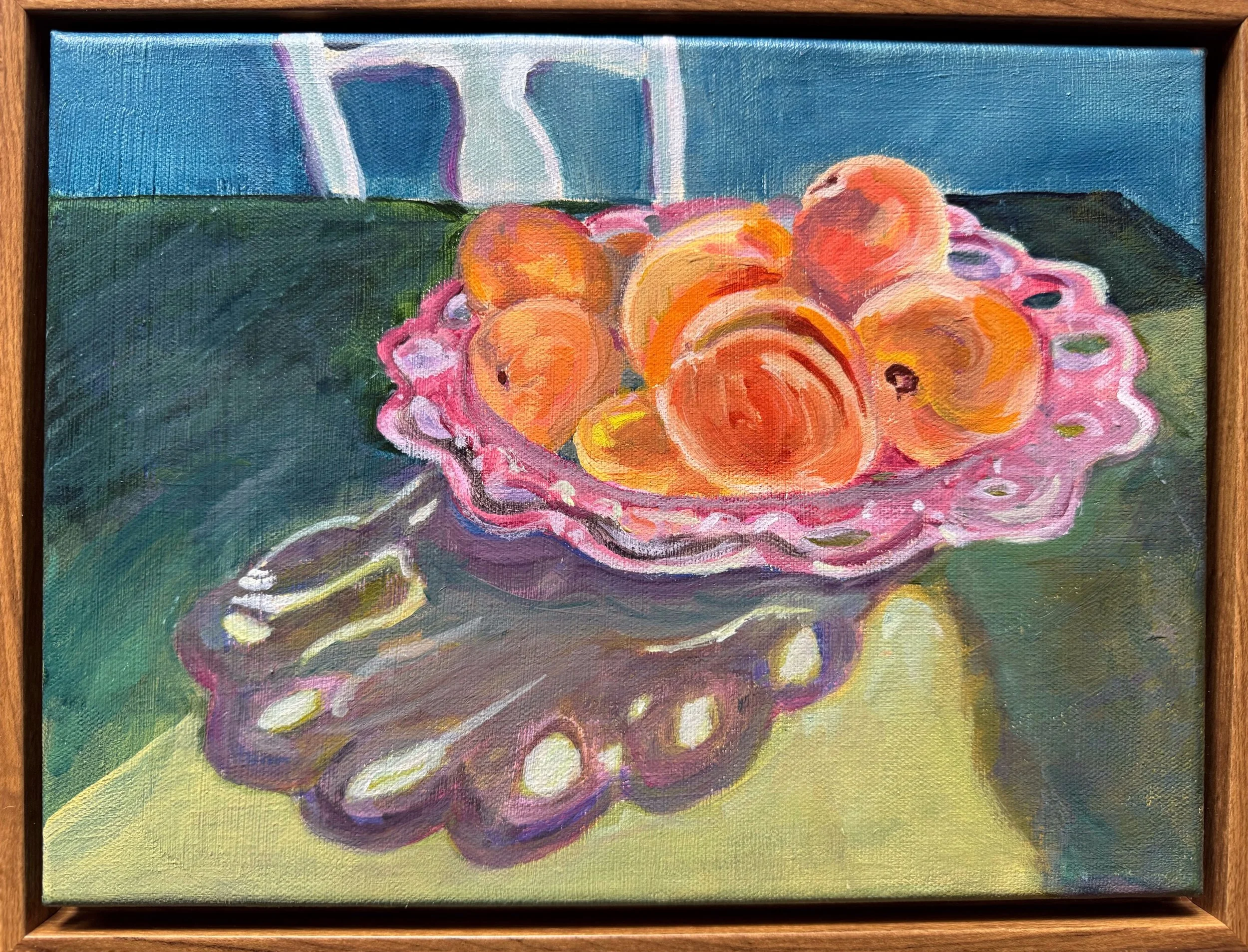 Peaches in the Sunshine  Acrylic on Canvas 9" x 12" framed  $300. I loved how the sun cast shadows on these home grown peaches in my mother's antique Fostoria glass bowl.