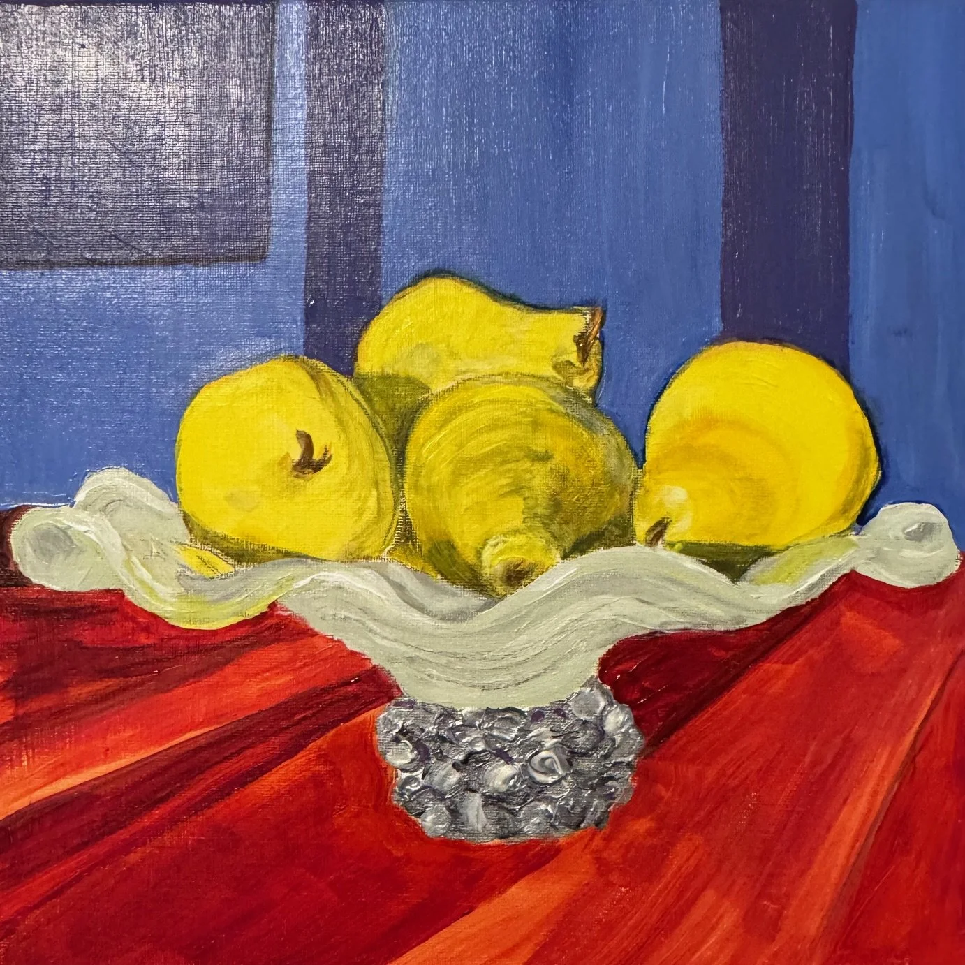 Pears in Murano Glass Bowl. 12 x 12" Acrylic on Canvas. $300.