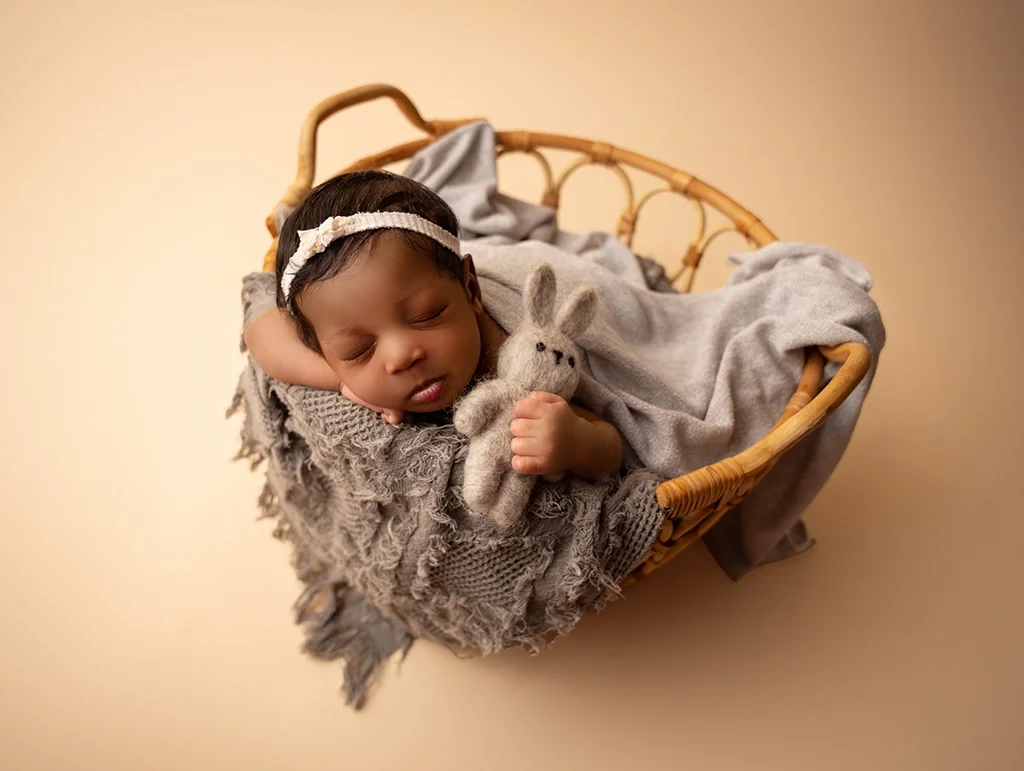 baby posed in basket with bunny stuffy during session with raleigh newborn photographer