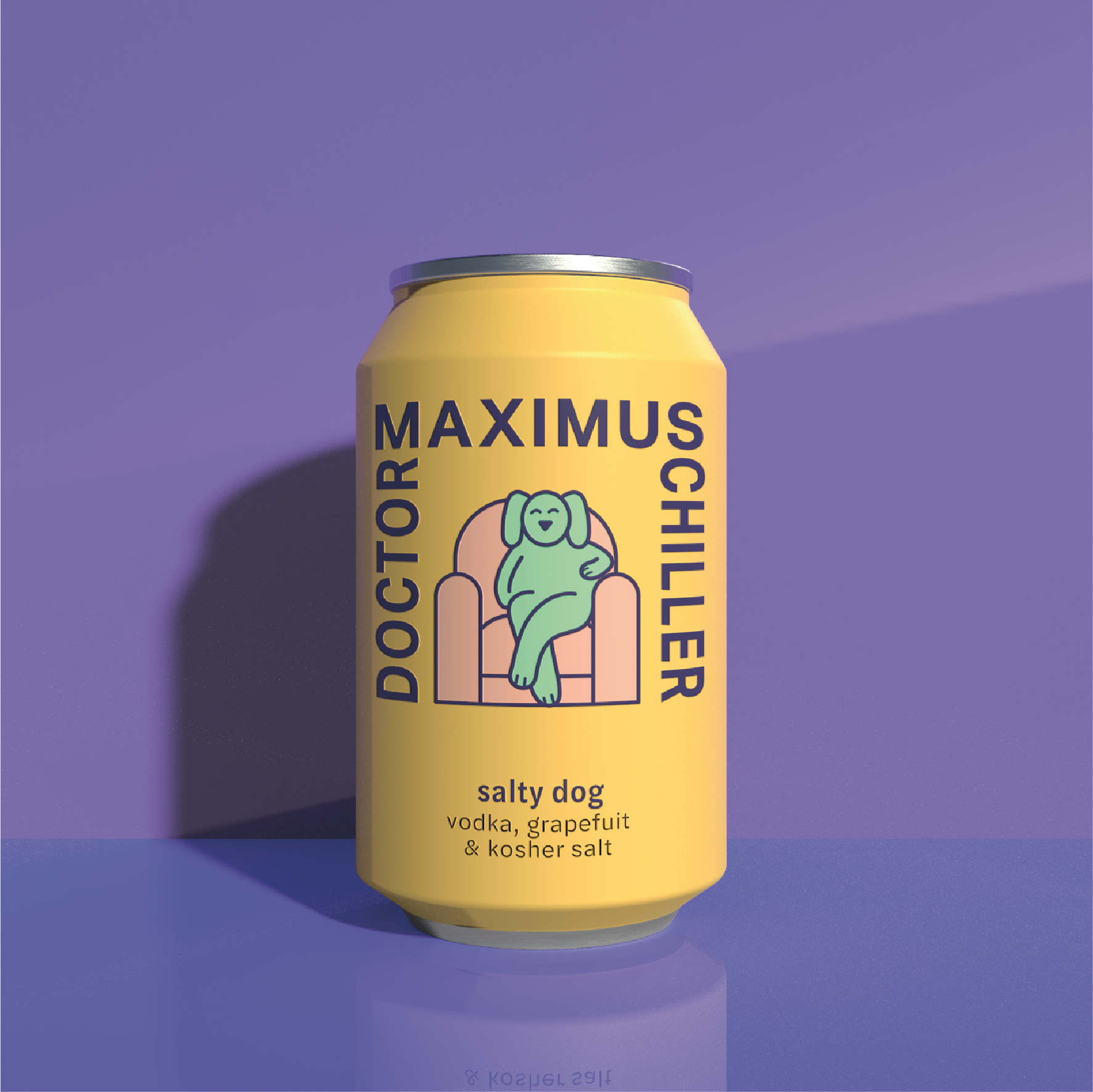 A yellow can labeled "Maximum Dogsteller" featuring an illustration of a happy dog sitting in a relaxed pose on a pink couch. The flavor is "salty dog" with ingredients listed as vodka, grapefruit, and kosher salt. The background is purple with a sha